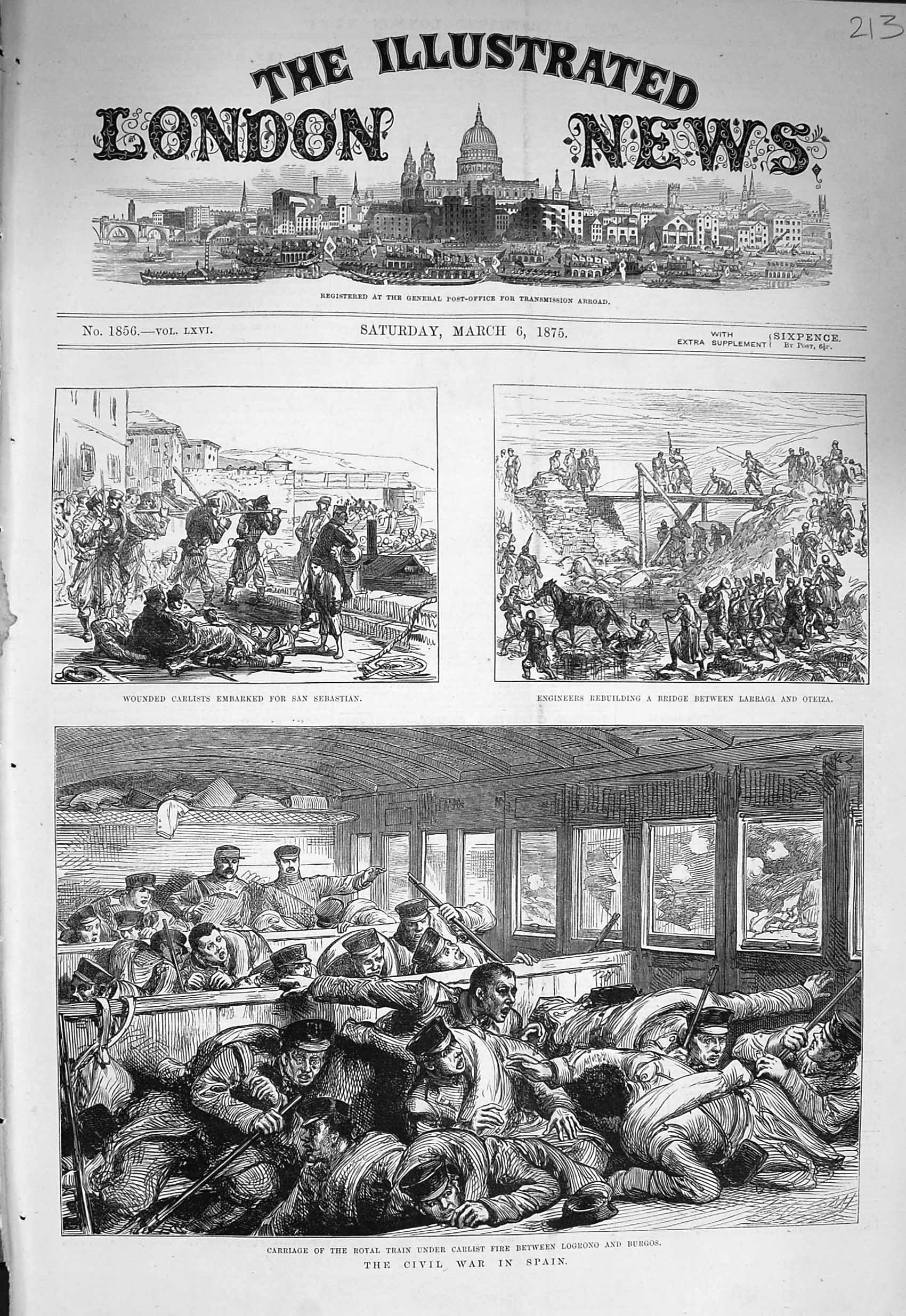 Original Old Antique Print 1875 Civil War Spain Train Carlist Sebastian Larraga