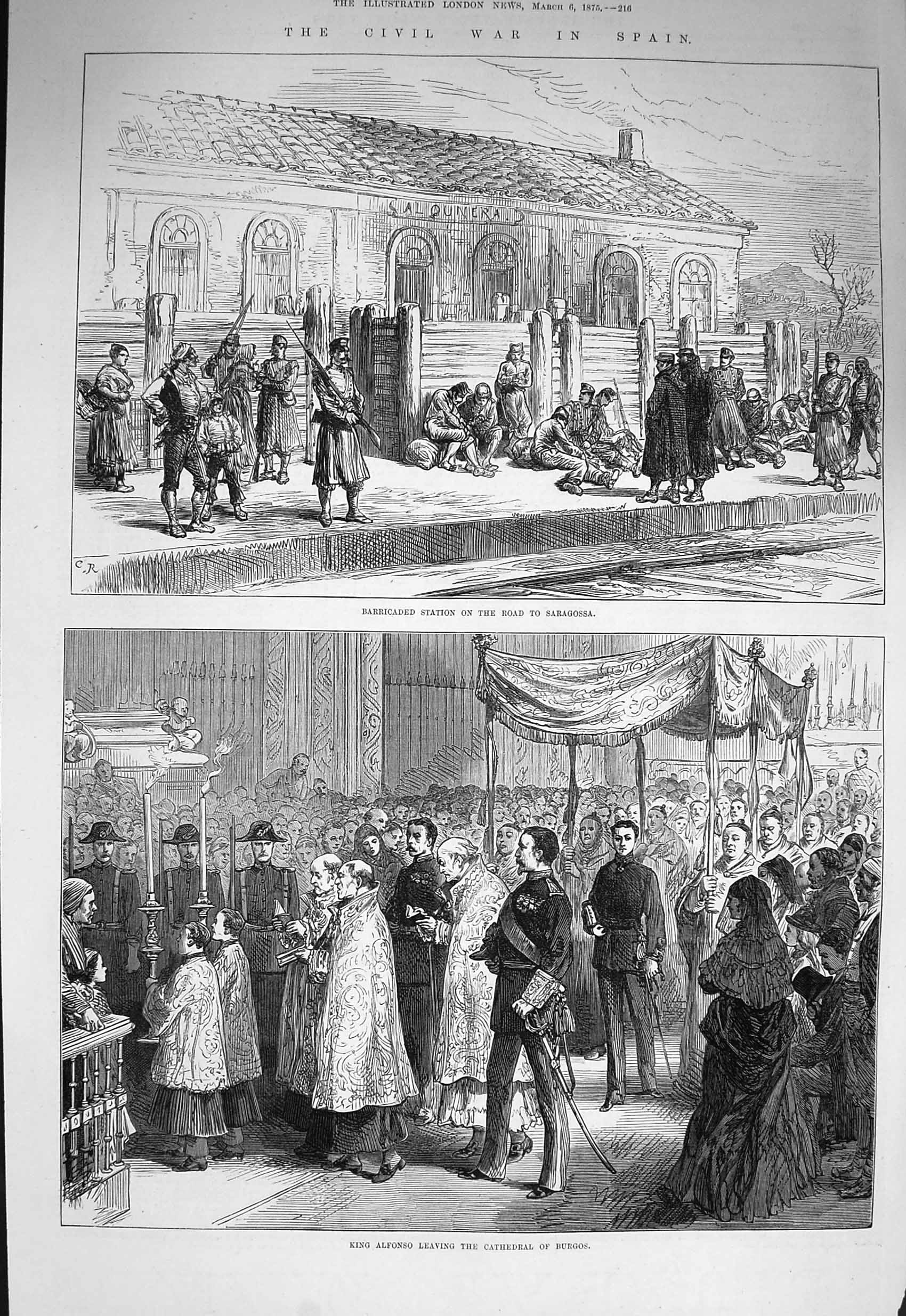 Original Old Antique Print 1875 Civil War Spain King Alfonso Cathedral Burgos