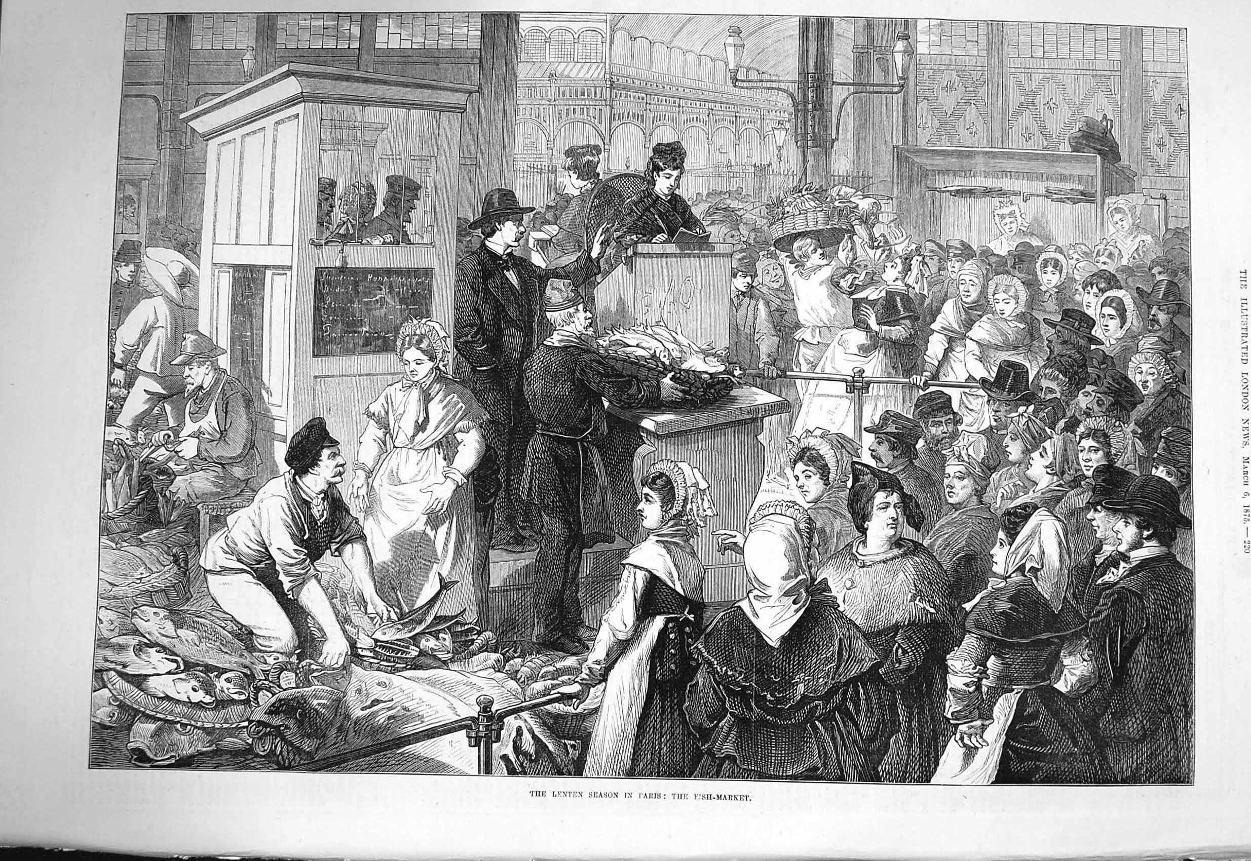 Original Old Antique Print 1875 Lenten Season Paris Fish Market Street Scene