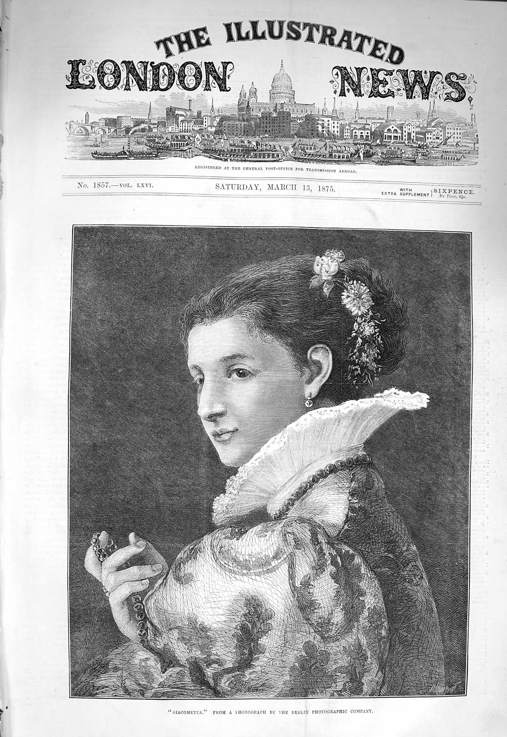 Original Old Antique Print 1875 Portrait Giacometta Beautiful Lady Woman 19th