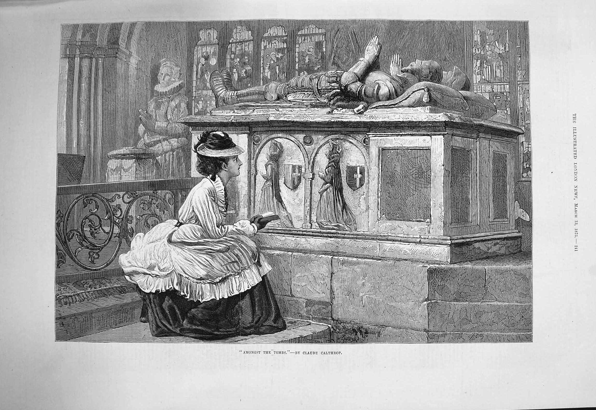 Old Antique Print 1875 Young Woman Amongst Tombs Graves Claude Calthrop 19th