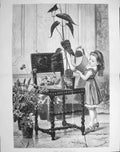 Original Old Antique Print 1875 Inundation Little Girl Watering Plants Chair
