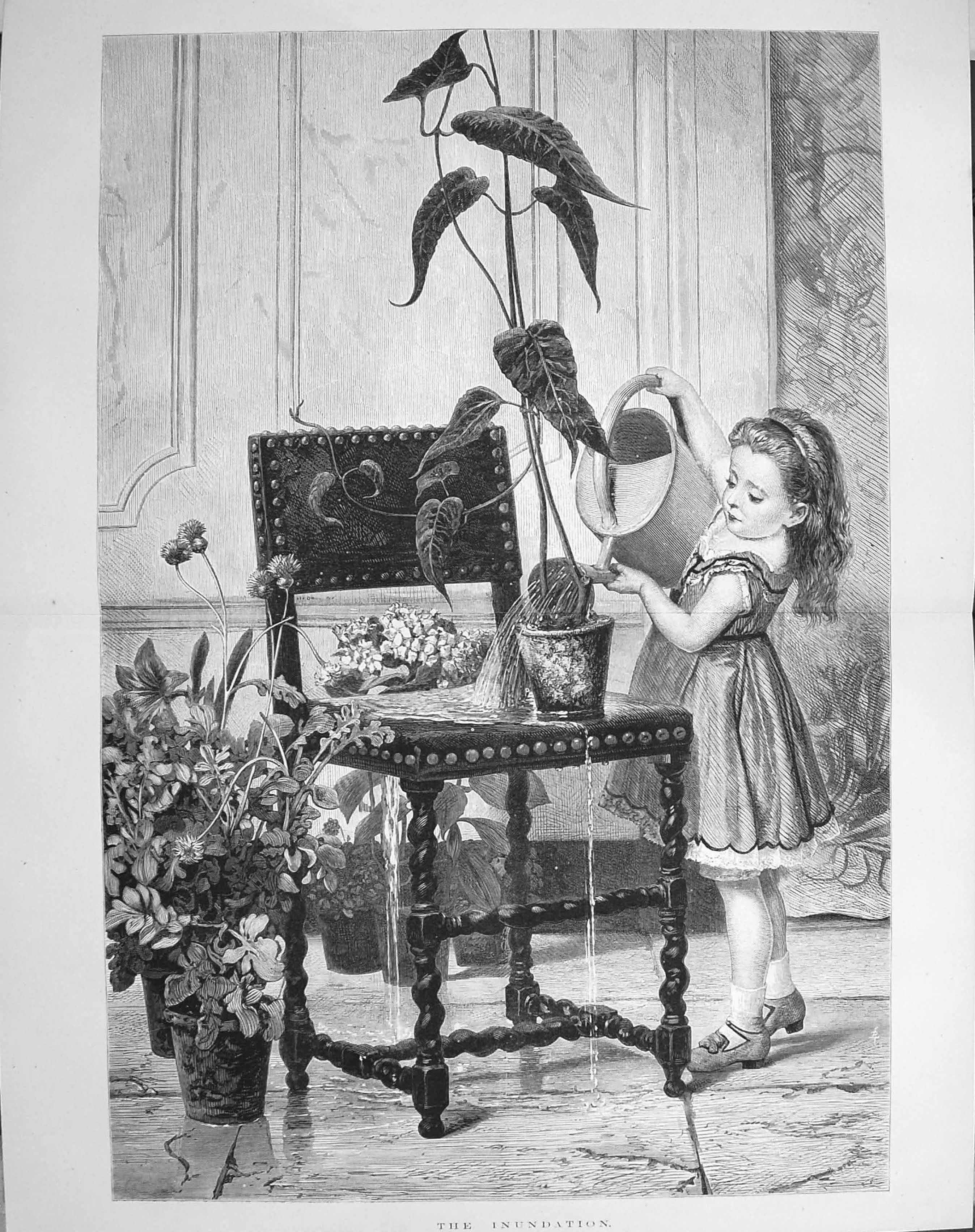Original Old Antique Print 1875 Inundation Little Girl Watering Plants Chair