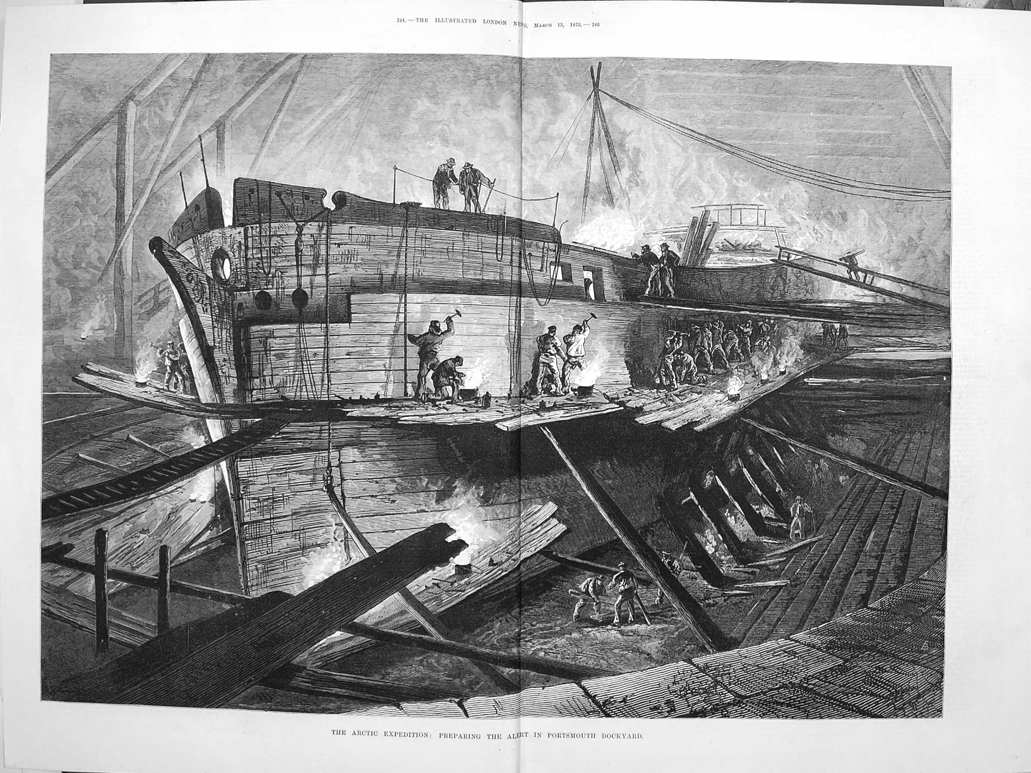 Old Antique Print 1875 Arctic Expedition Preparing Alert Ship Portsmouth 19th