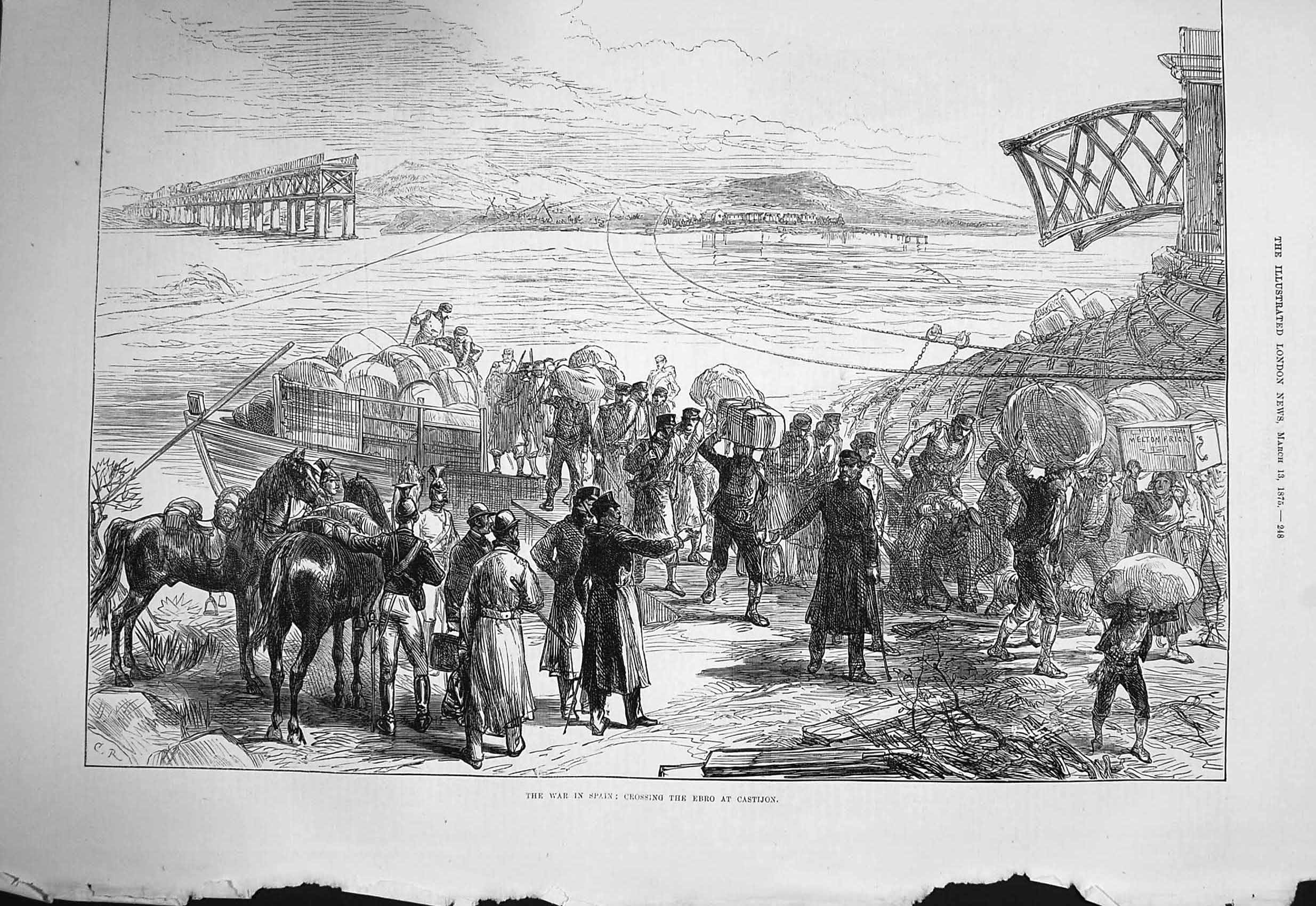 Original Old Antique Print 1875 War Spain Scene Crossing Ebro River Castijon