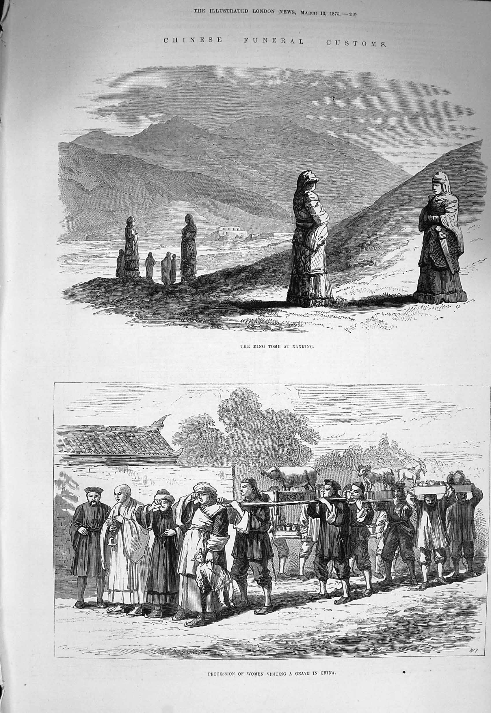 Original Old Antique Print 1875 Chinese Funeral Customs Ming Tomb Nanking Grave