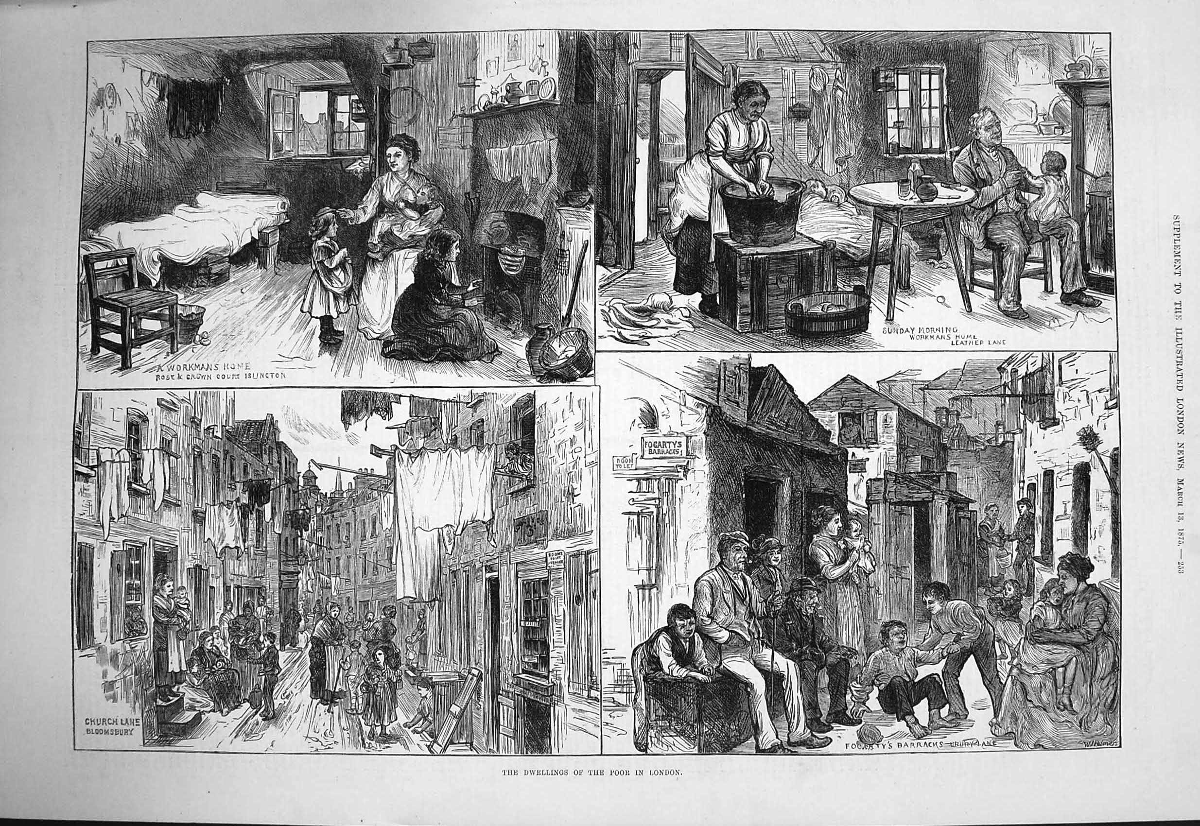 Old Antique Print 1875 Dwellings Poor People London Bloomsbury Islington 19th