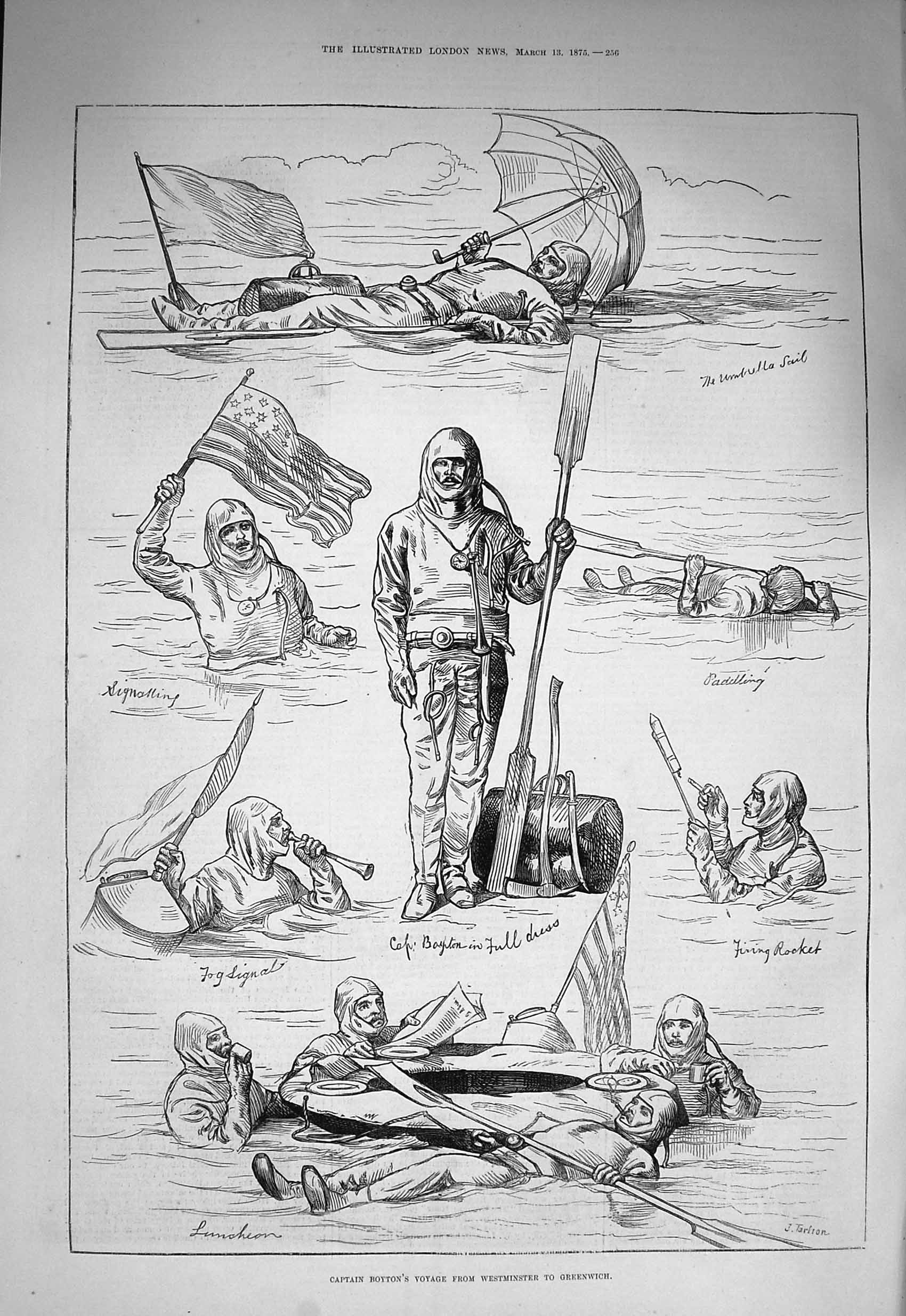 Old Antique Print 1875 Captain Boyton Voyage Westminster Greenwich Suit 19th