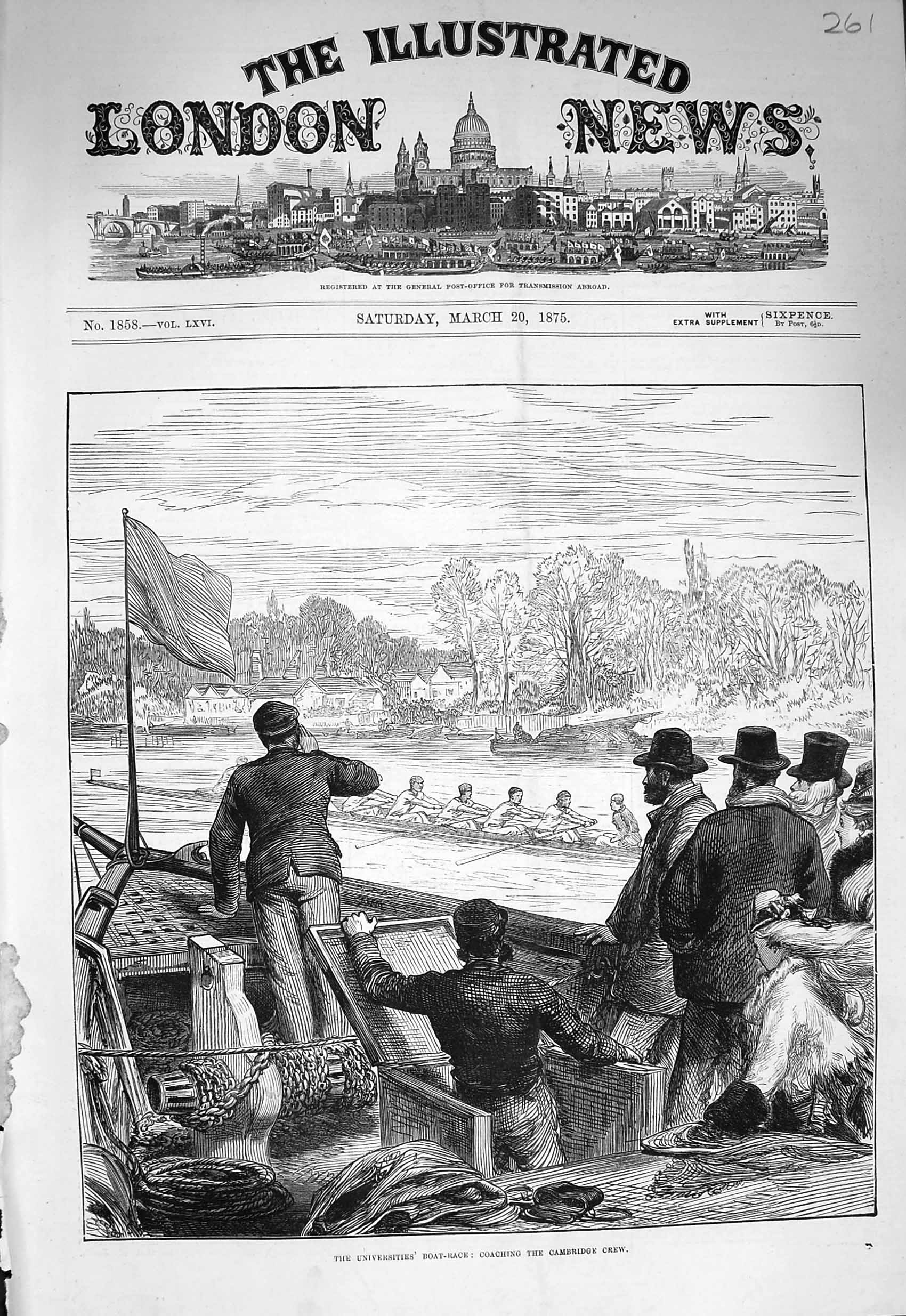 Old Antique Print 1875 University Boat Race Coaching Cambridge Crew River 19th