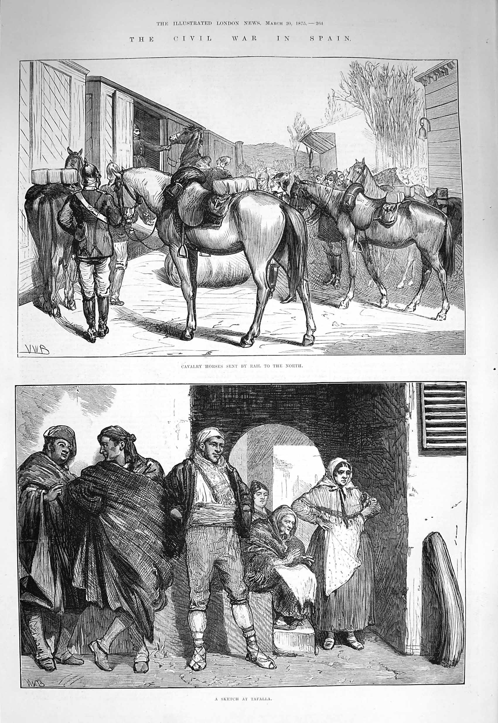 Original Old Antique Print 1875 Cavalry Horses Civil War Spain Tafalla Street