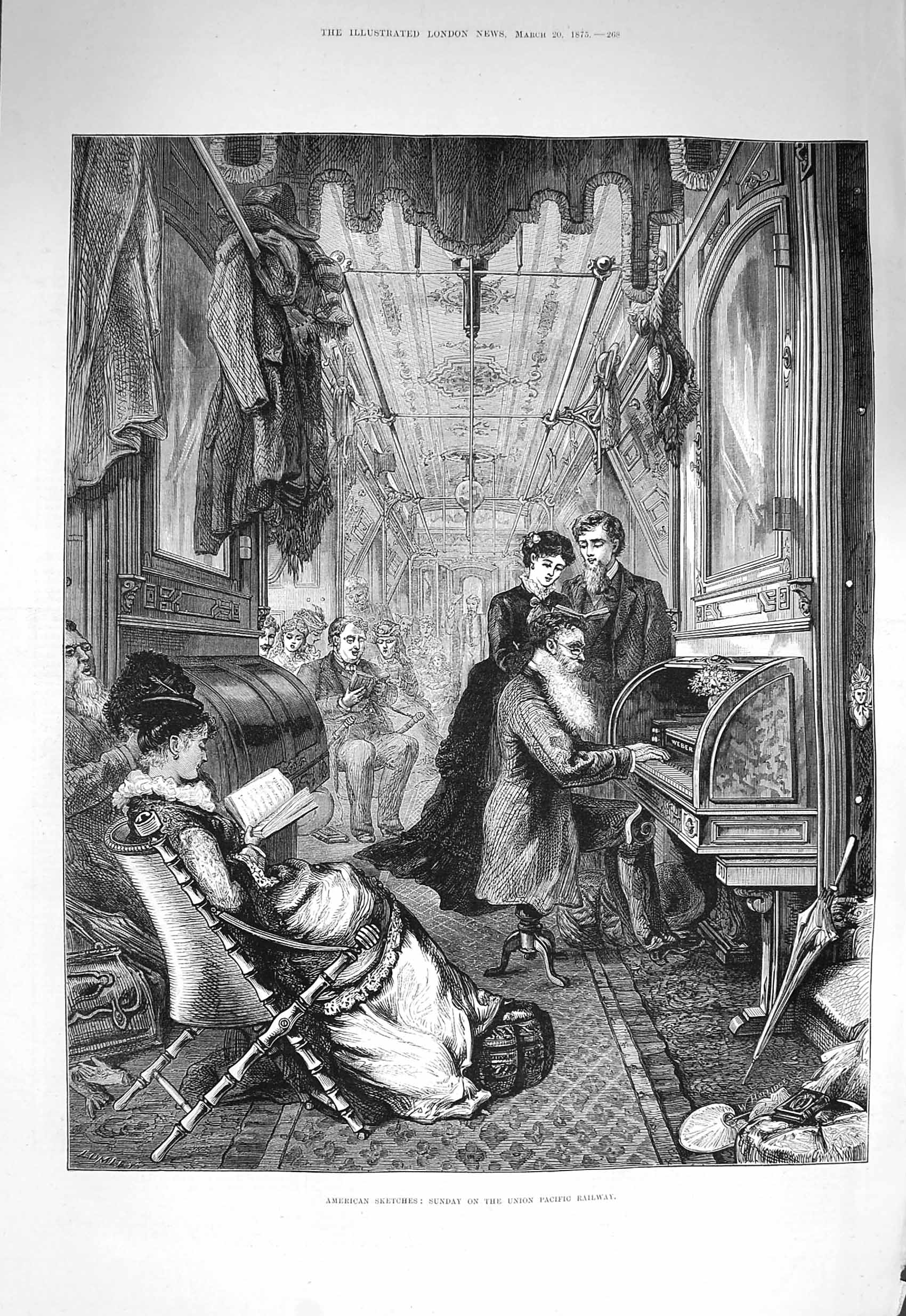 Old Antique Print 1875 America Sunday Union Pacific Railway Piano Music 19th