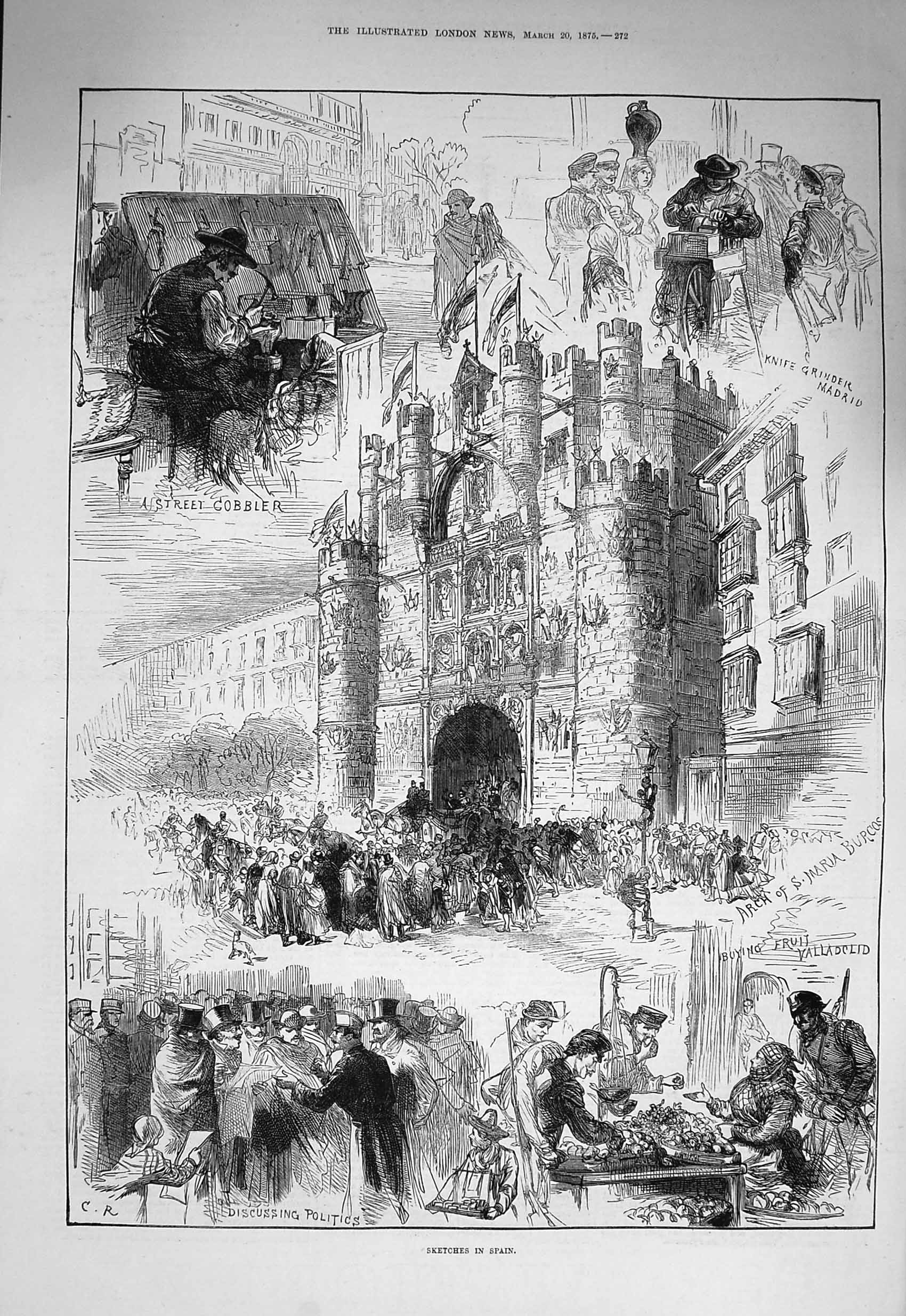 Original Old Antique Print 1875 Spain Street Cobbler Grinder Maria Burcos 19th