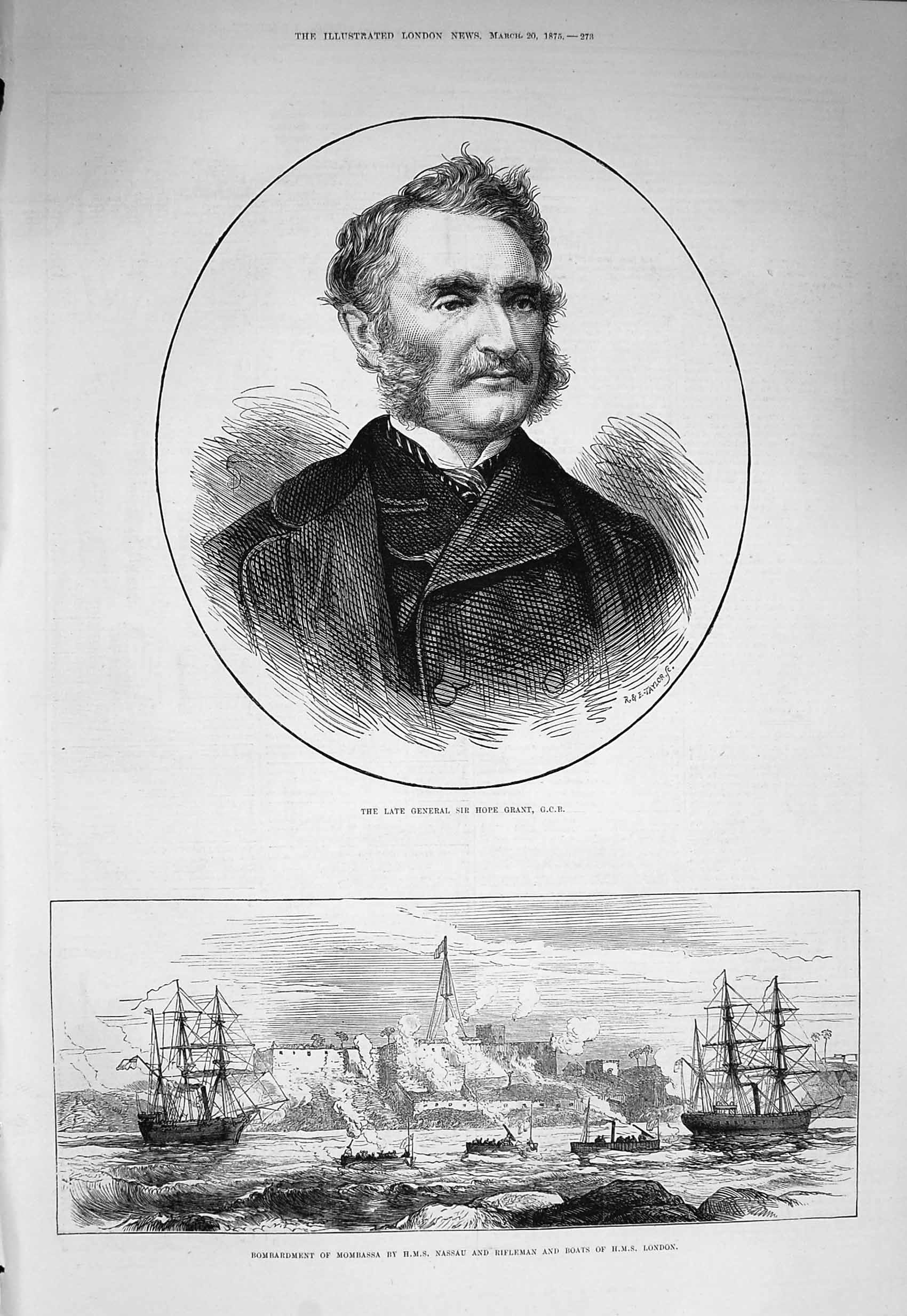 Old Antique Print 1875 General Hope Grant Mombassa Ship Nassau Rifleman 19th