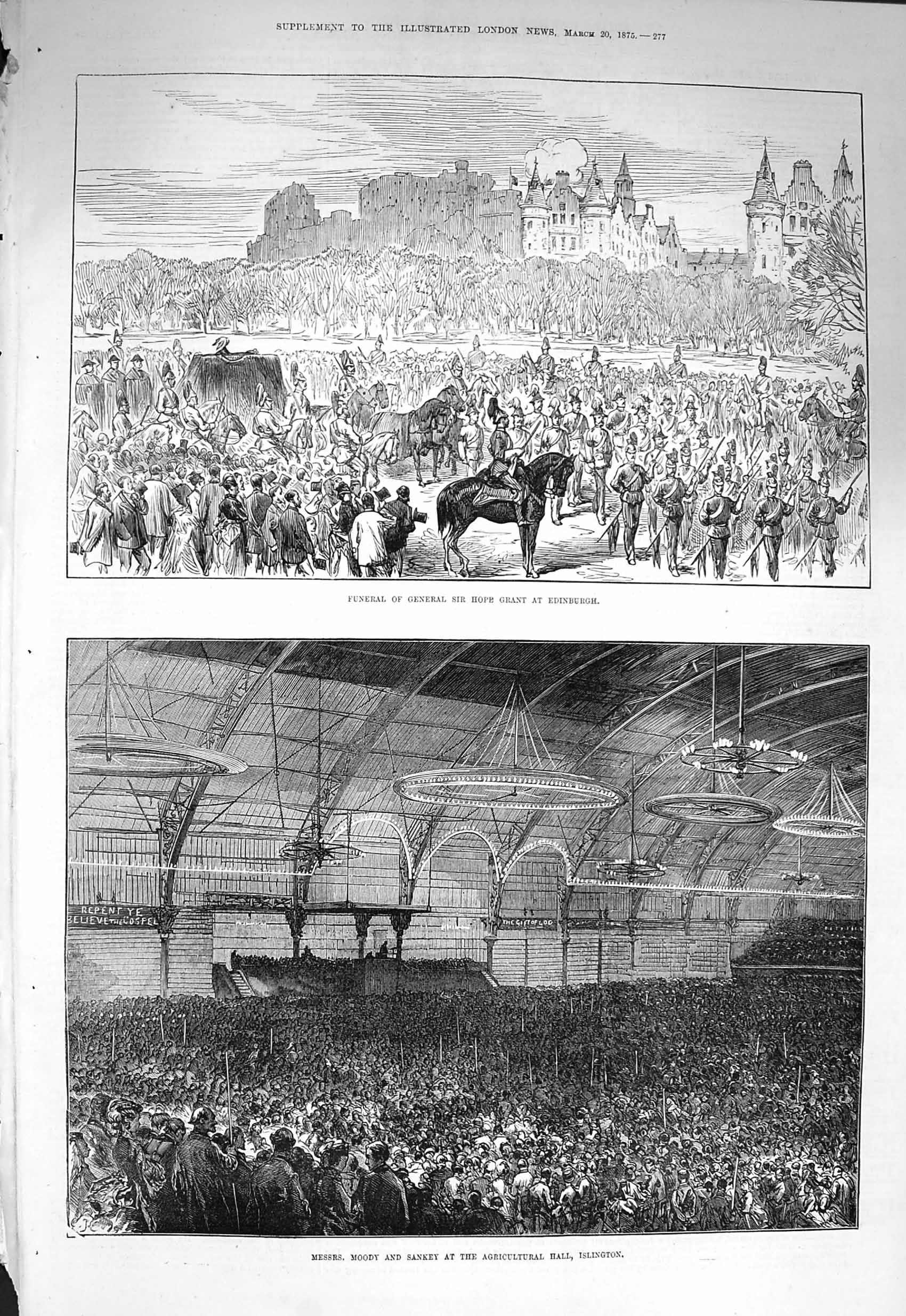 Original Old Antique Print 1875 Funeral Hope Grant Edinburgh Moody Islington