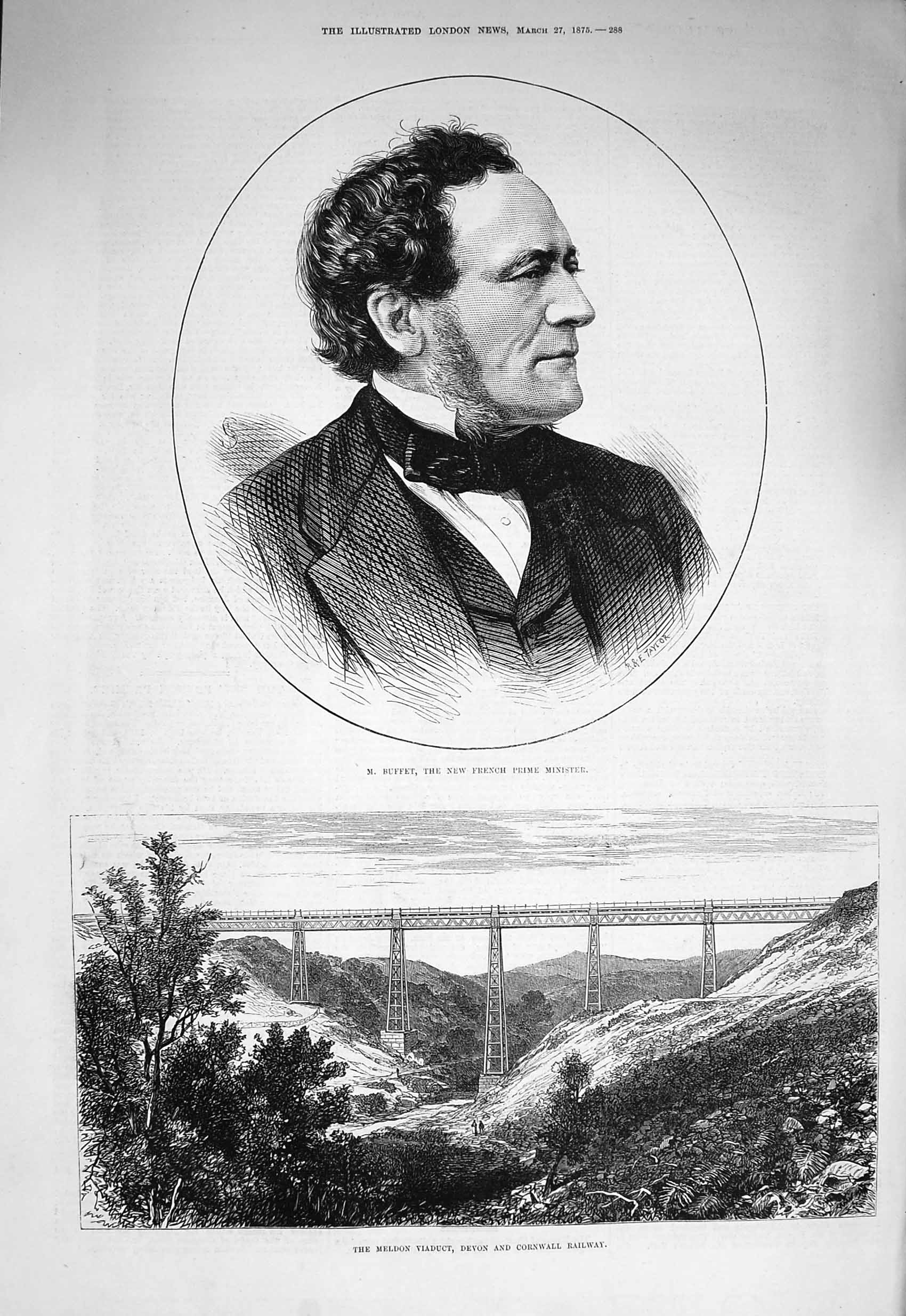 Original Old Antique Print 1875 Buffet French Minister Meldon Viaduct Railway