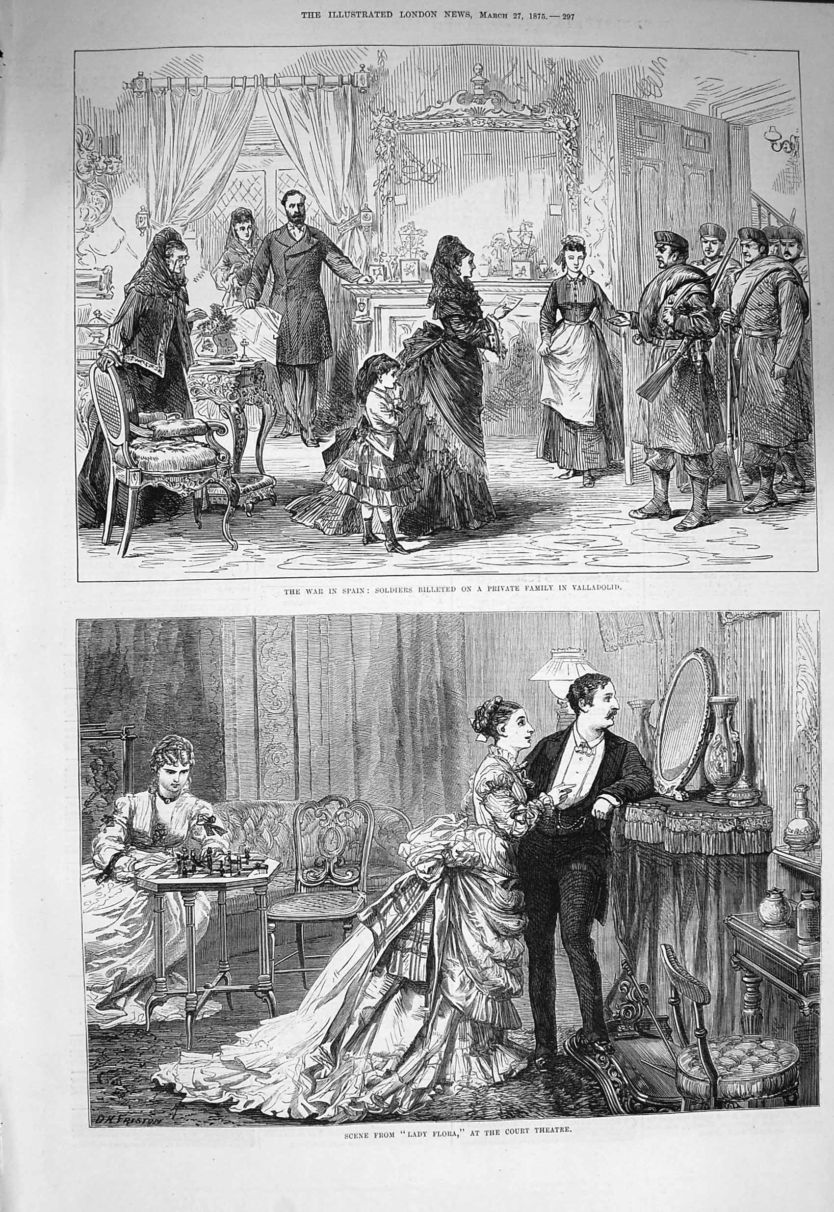 Original Old Antique Print 1875 War Spain Siers Valladolid Court Theatre Flora