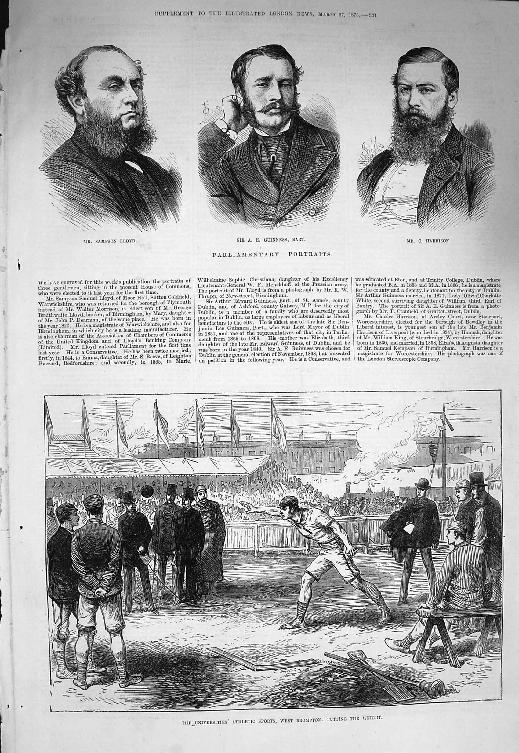 Original Old Antique Print 1875 Lloyd Guiness Harrison Athletics Sport B 19th