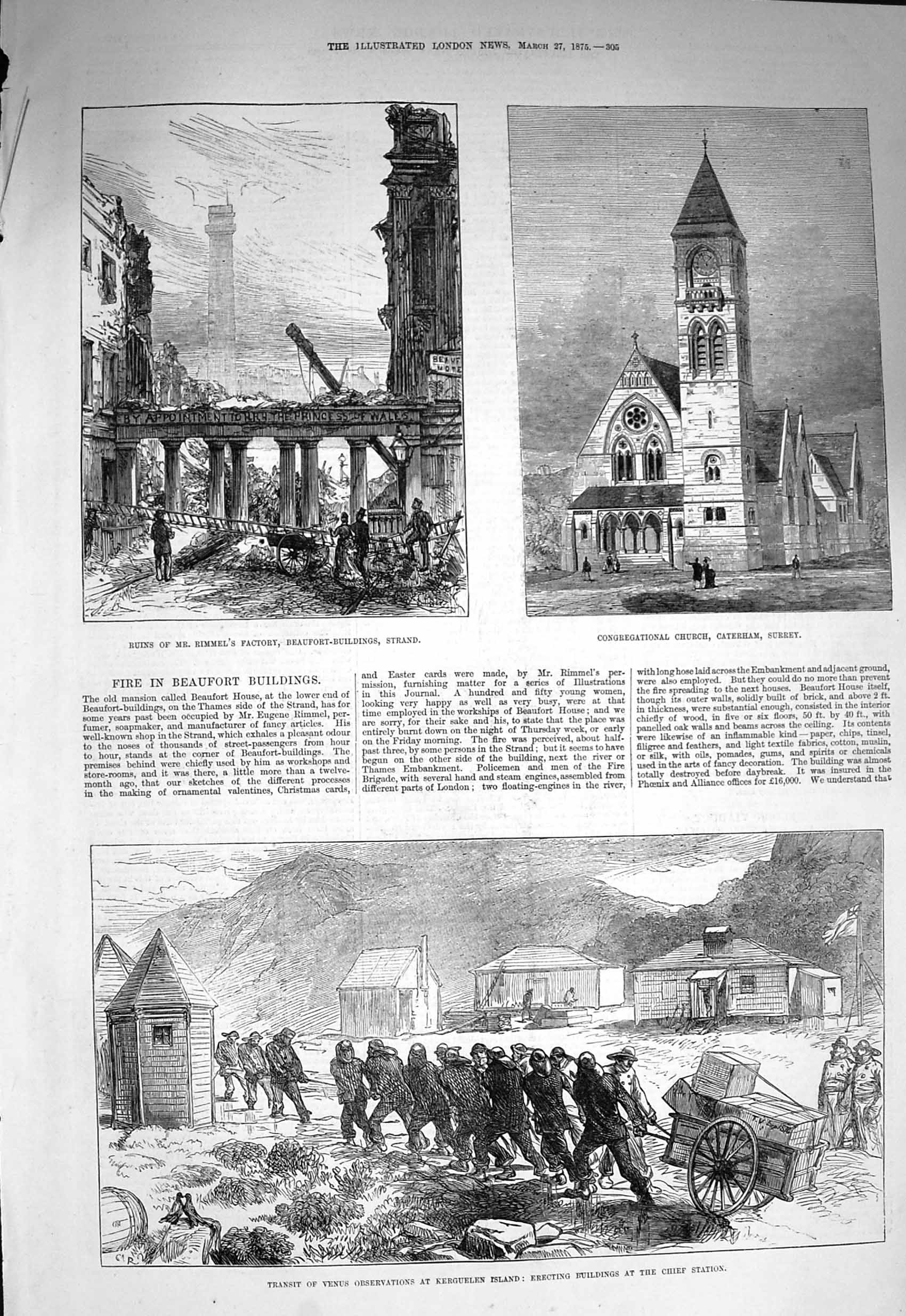 Original Old Antique Print 1875 Rimmel Factory Church Caterham Venus Obser 19th