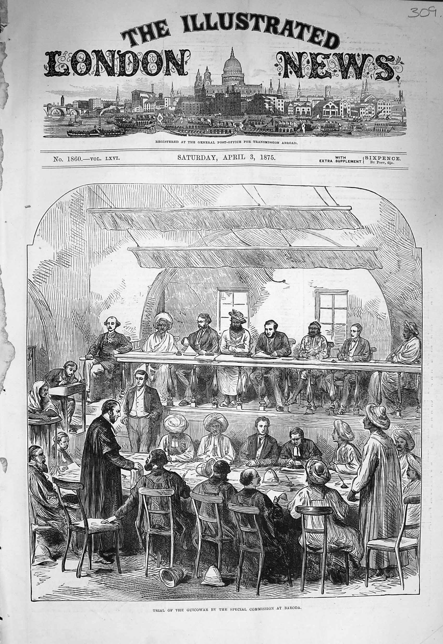 Original Old Antique Print 1875 Trial Guicowar Special Commission Baroda Men