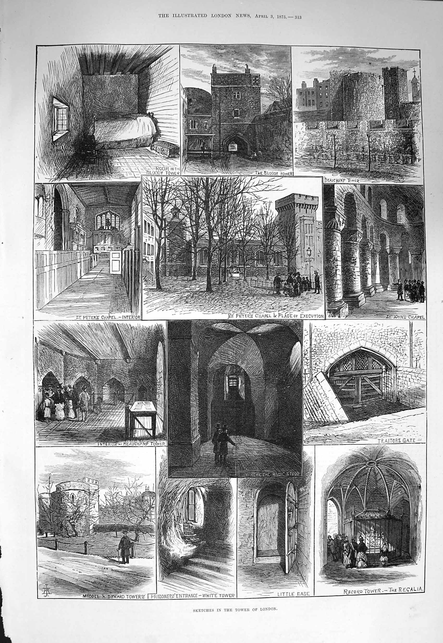 Old Antique Print 1875 Tower London Peter'S Chapel Place Execution Chapel 19th