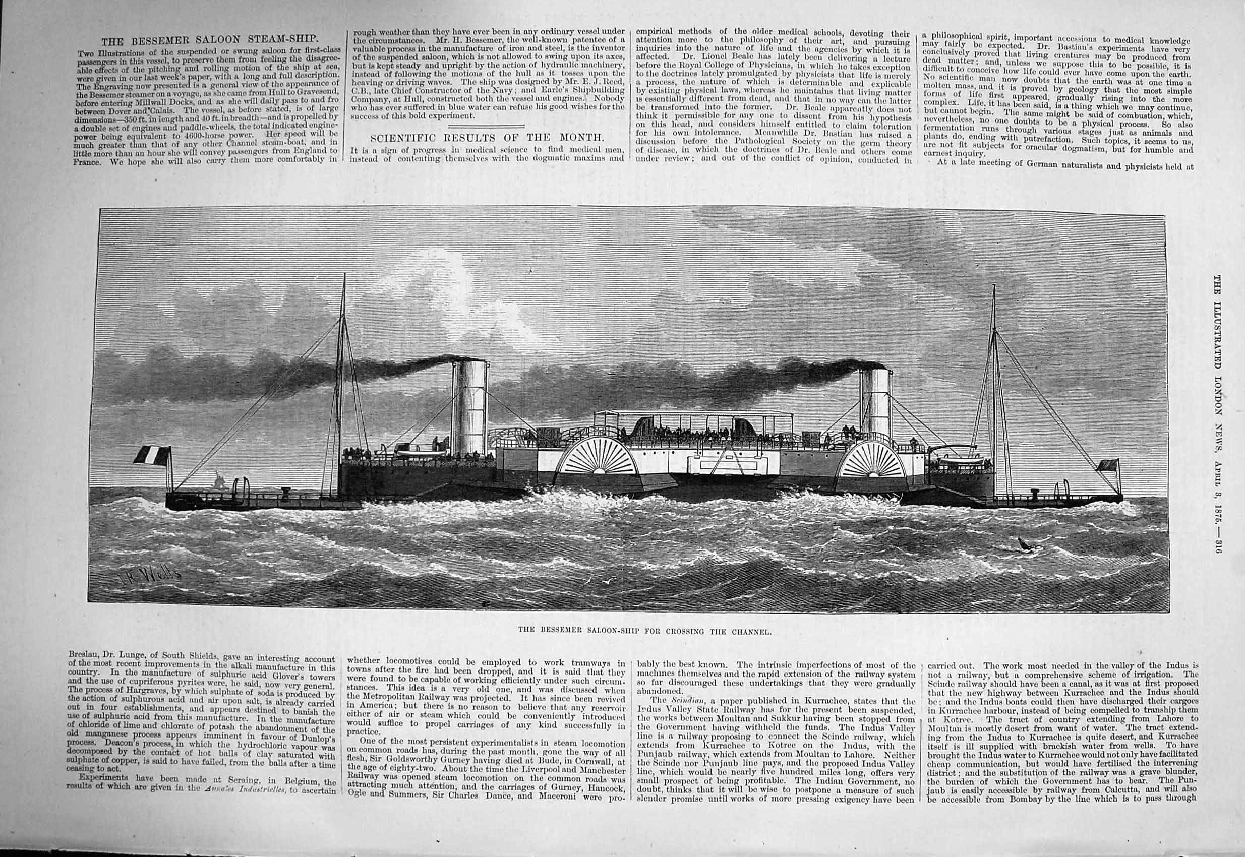 Original Old Antique Print 1875 Bessemer Saloon Ship Crossing English Victorian