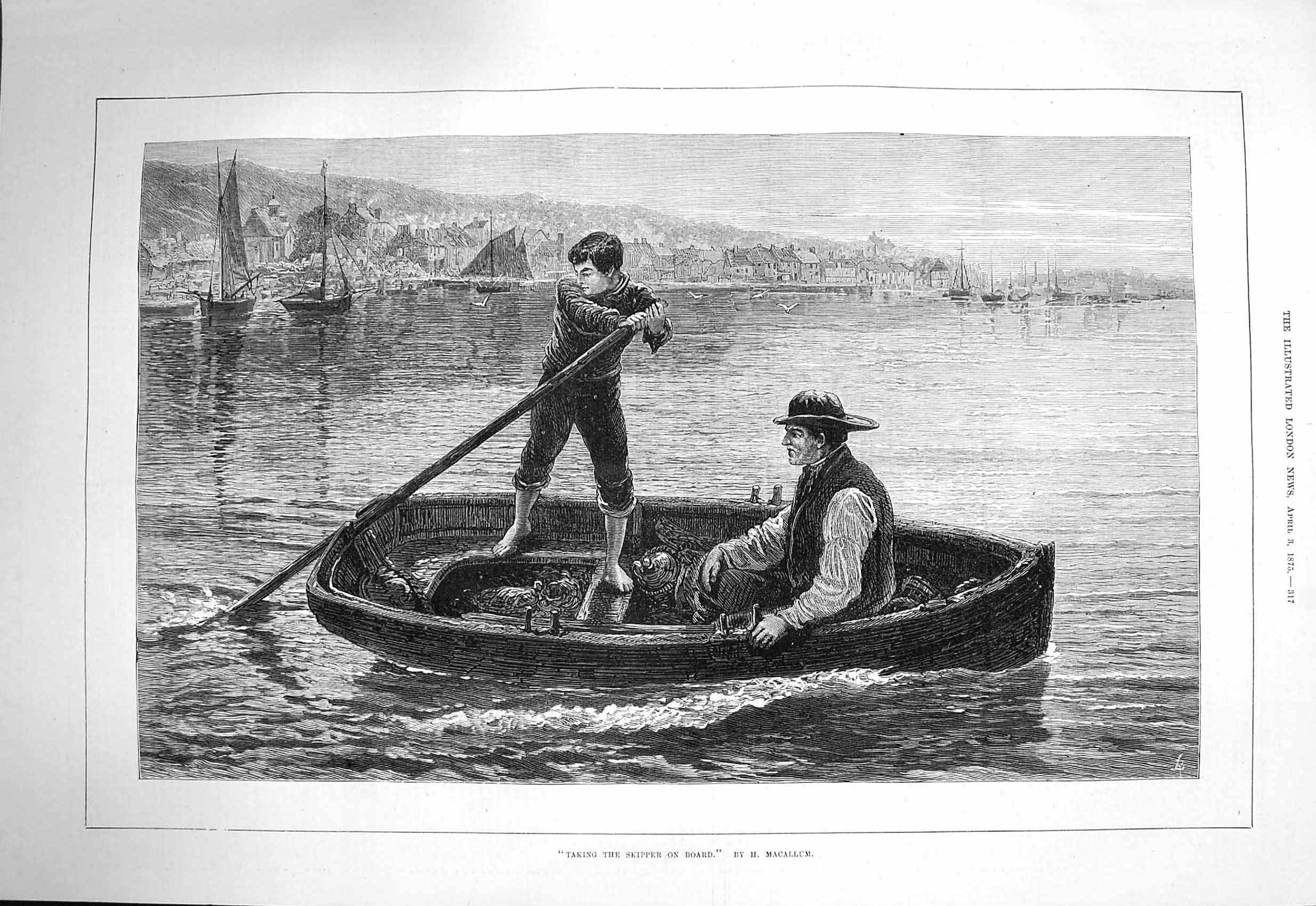 Original Old Antique Print 1875 Fishing Boat Taking Skipper Board Young Boy