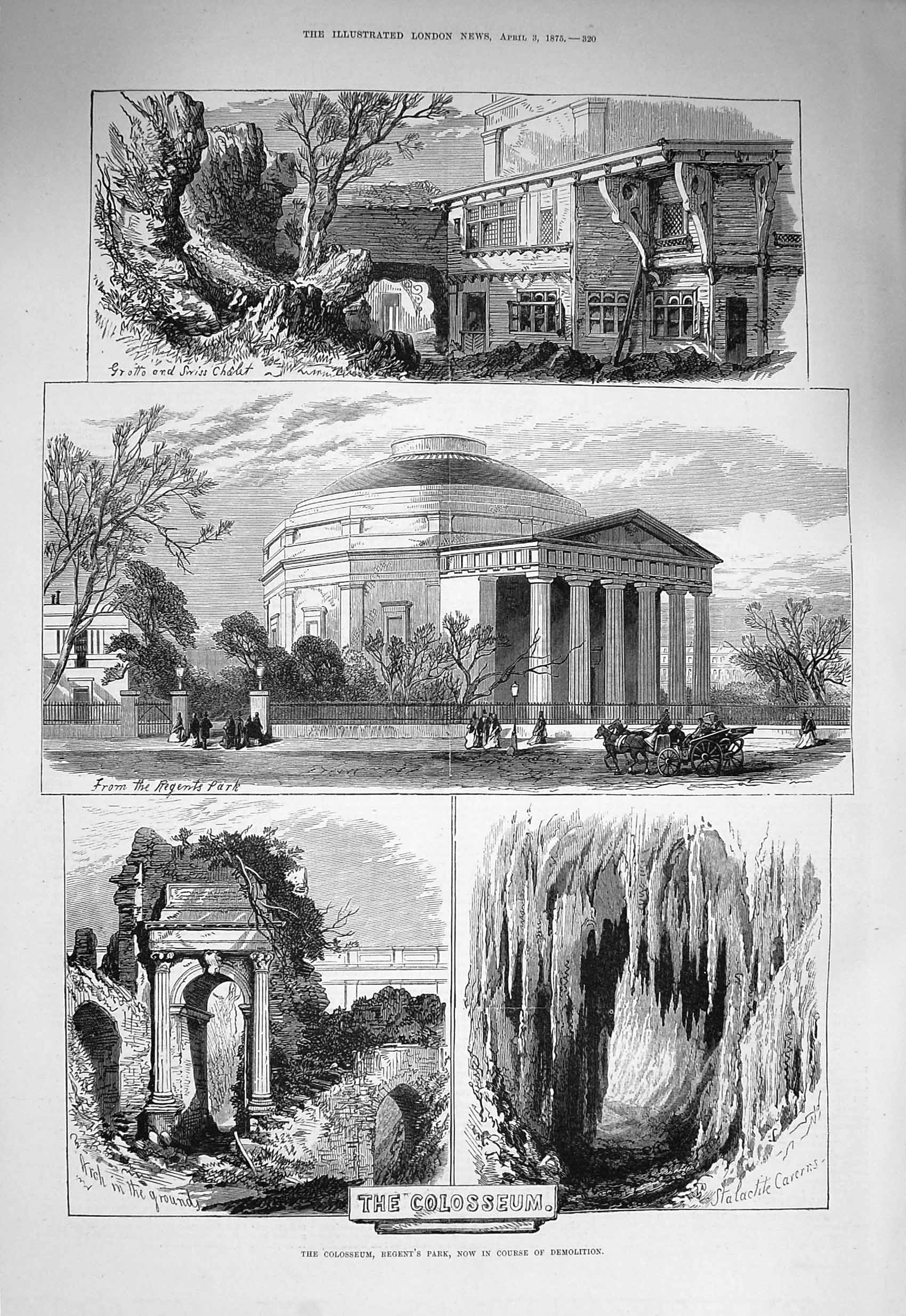 Original Old Antique Print 1875 Colosseum Regent'S Park Swiss Chalet Stalactite