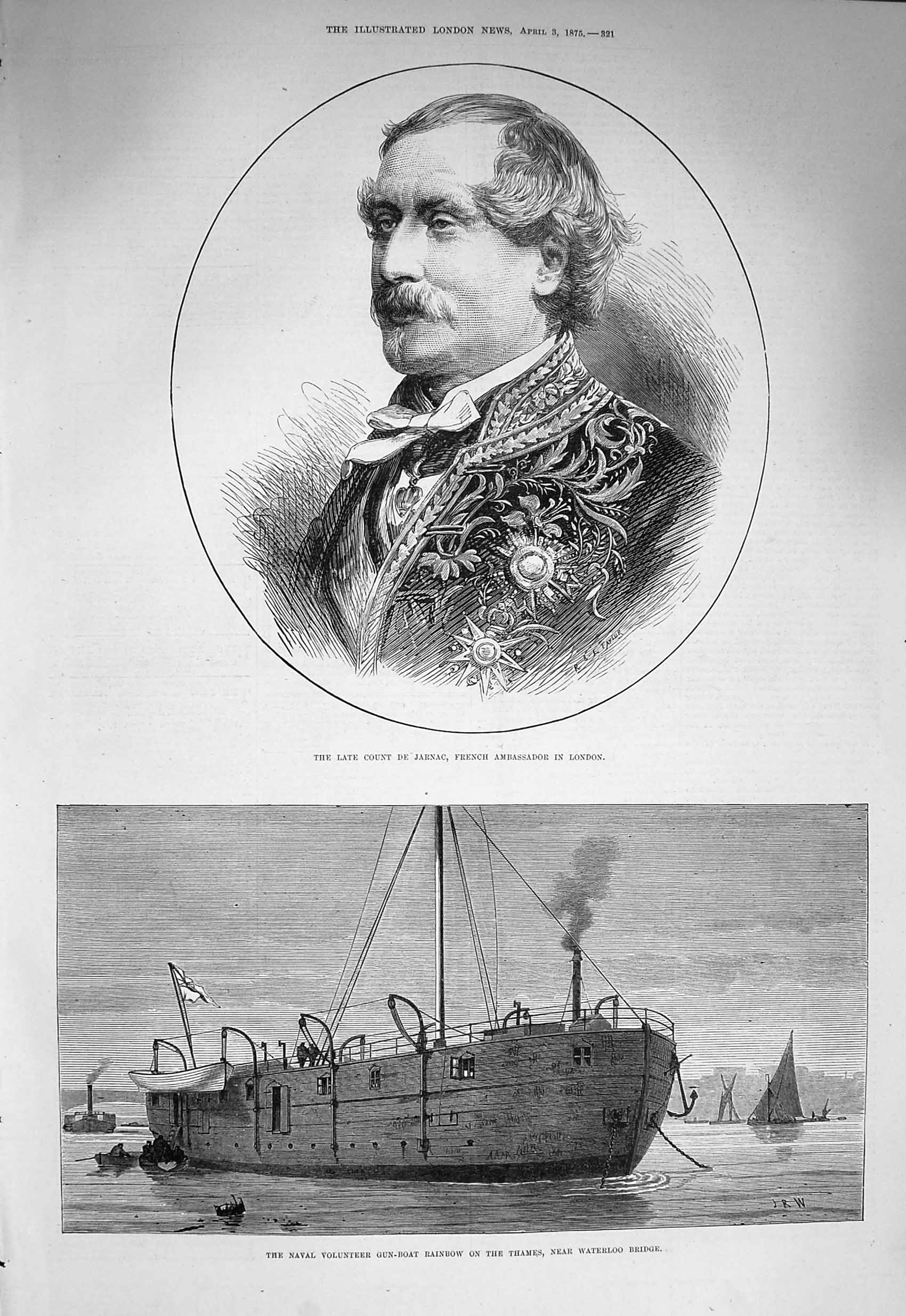 Original Old Antique Print 1875 Count De Jarnac Navy Volunteer Ship Rainbow 19th