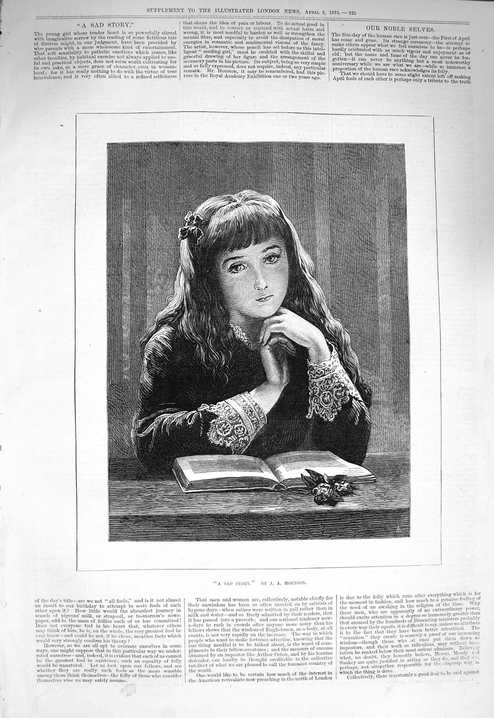 Original Old Antique Print 1875 Portrait Beautiful Girl Reading Book Victorian