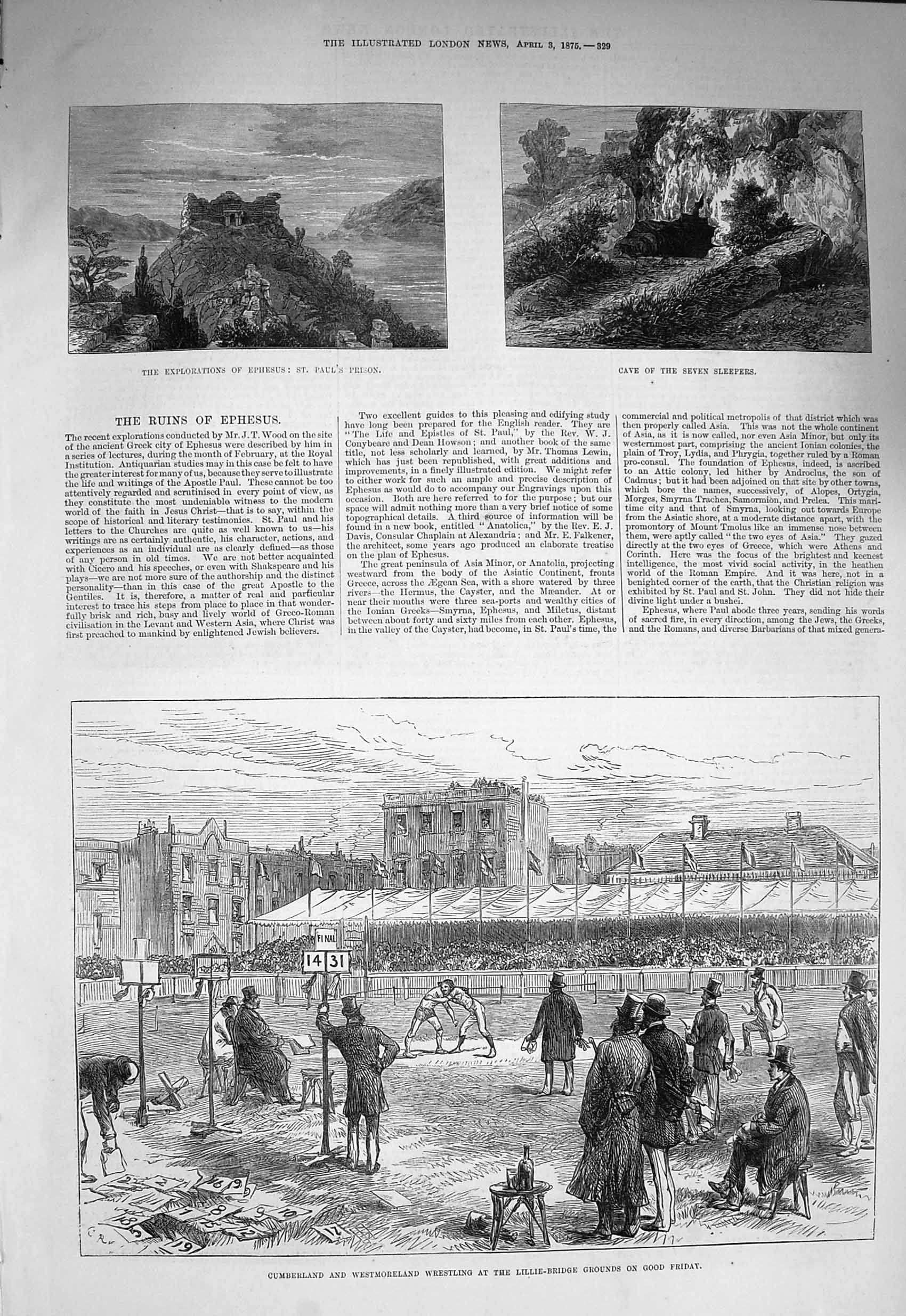 Original Old Antique Print 1875 Wrestling Lillie-Bridge Ephesus Paul'S Pris 19th