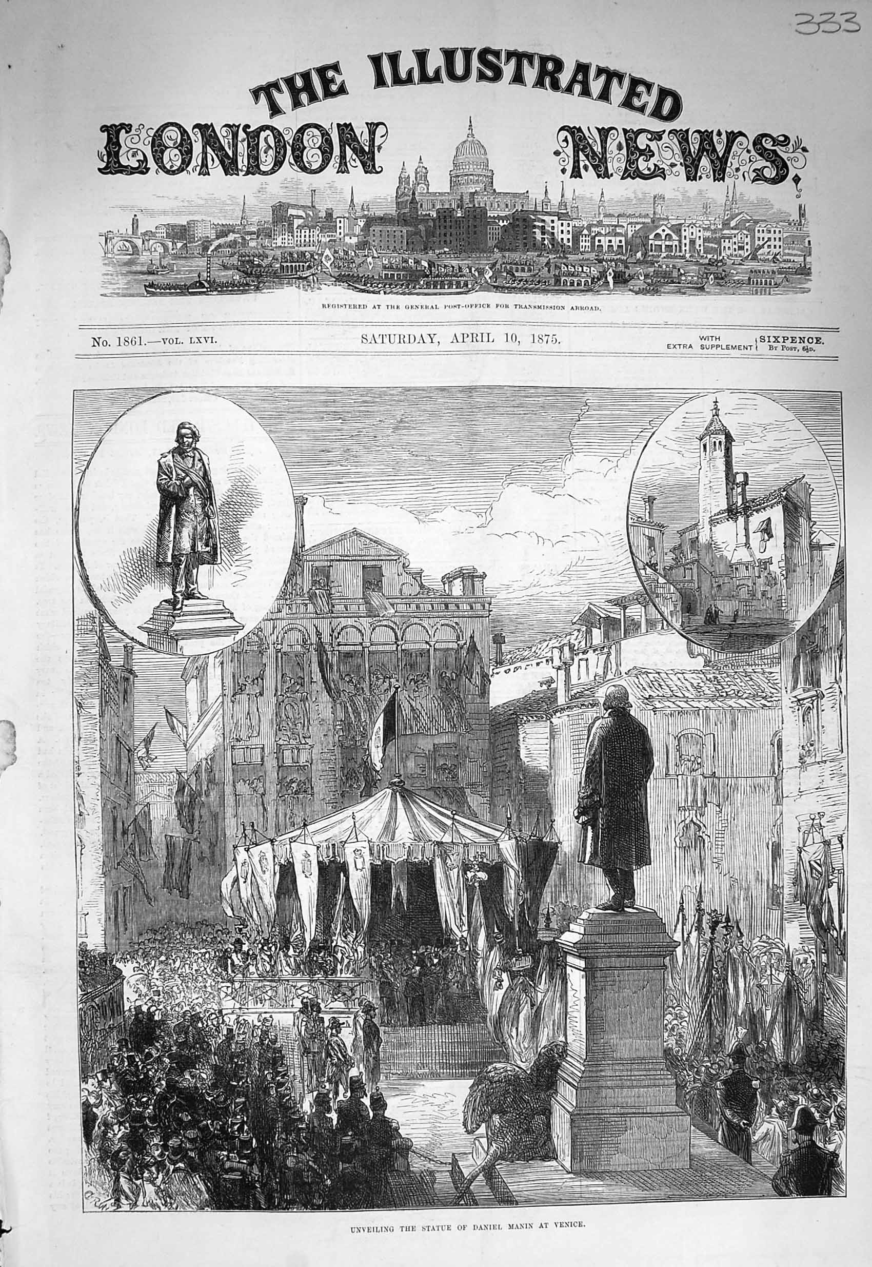 Original Old Antique Print 1875 Unveiling Statue Daniel Manin Venice Italy 19th