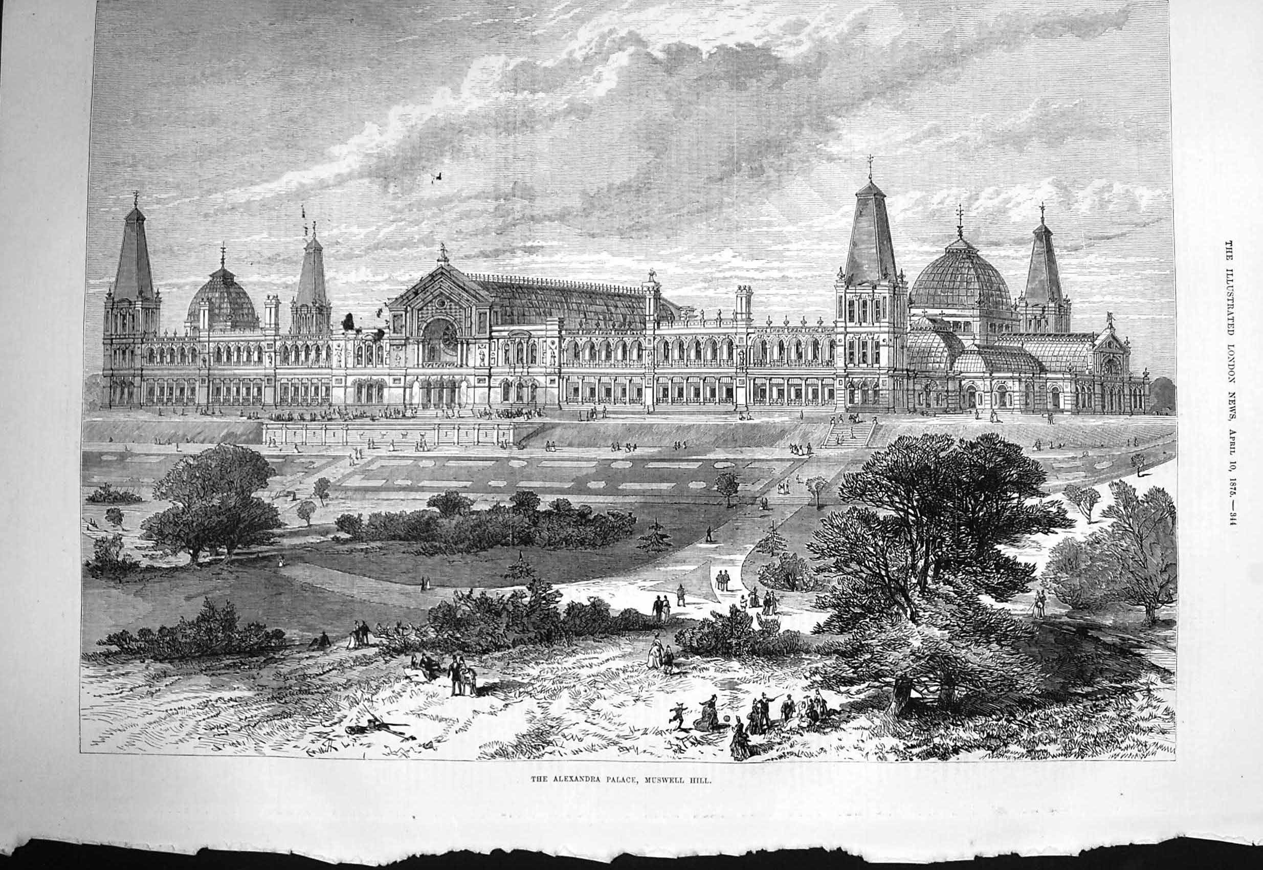 Original Old Antique Print 1875 Exterior Alexandra Palace Muswell Archi 19th