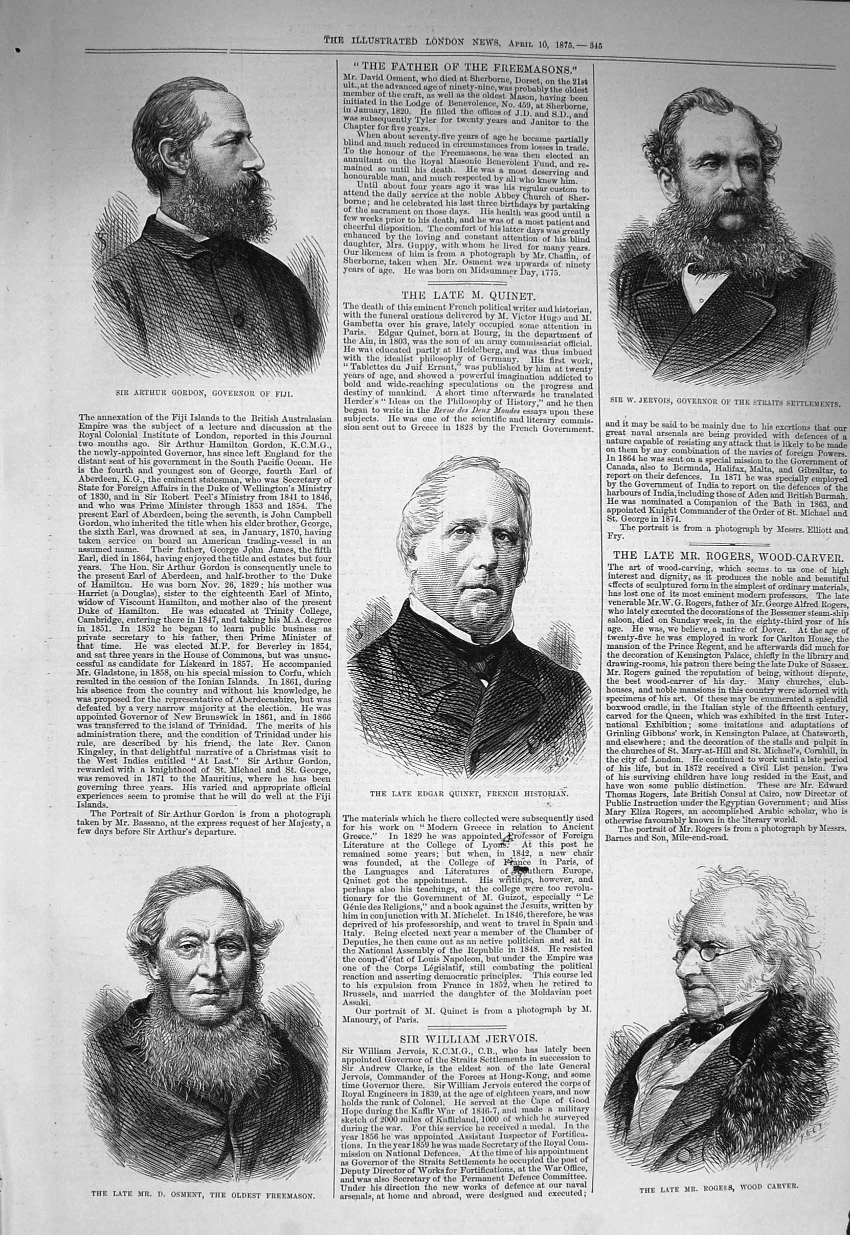 Old Antique Print 1875 Arthur Gordon Jervois Edgar Quinet Osment Rogers 19th