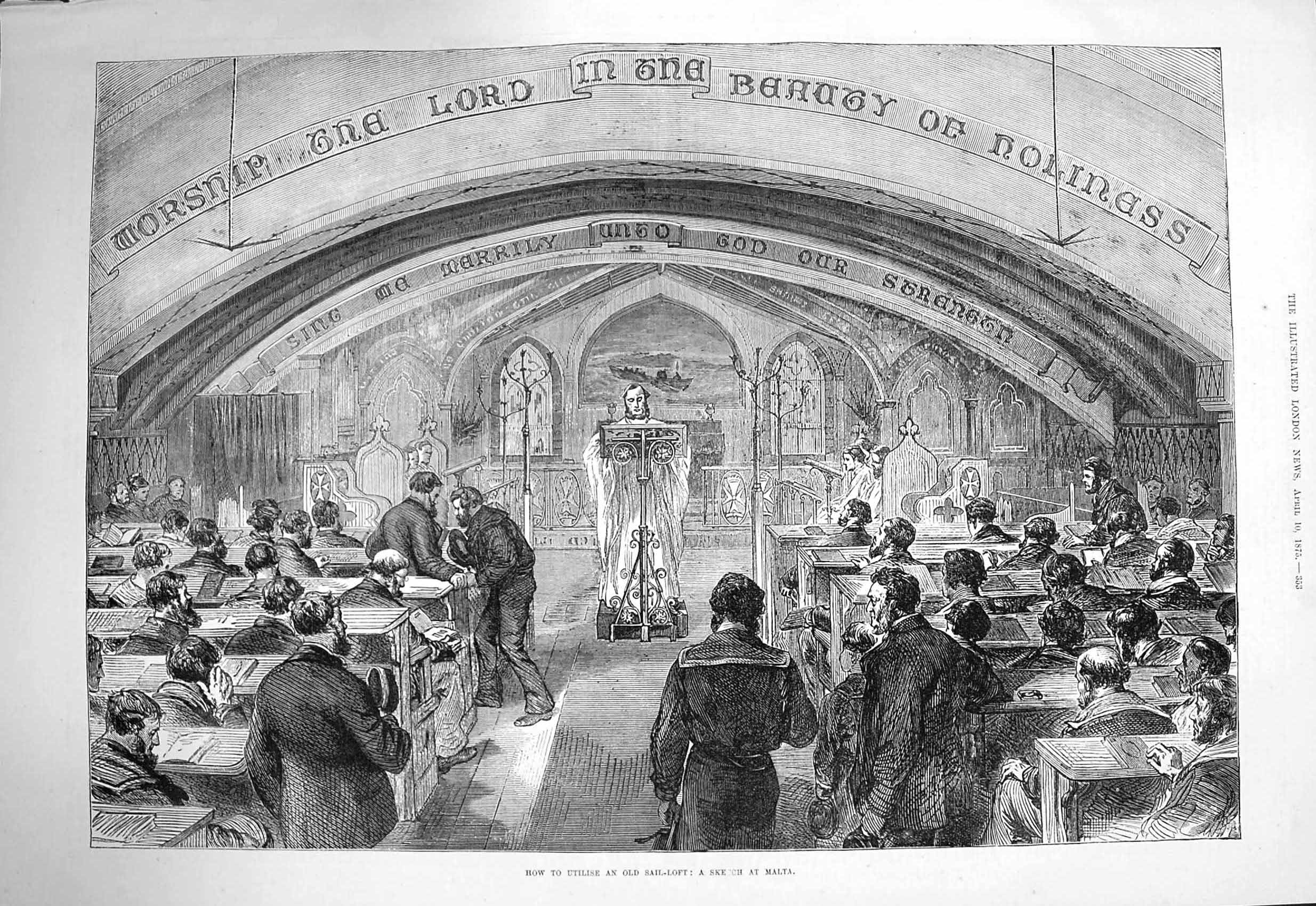 Original Old Antique Print 1875 Church Service Scene Sail-Loft Malta Victorian