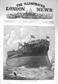 Original Old Antique Print 1875 Launch Ship H.M.S. Alexandria Chatham Dockyard