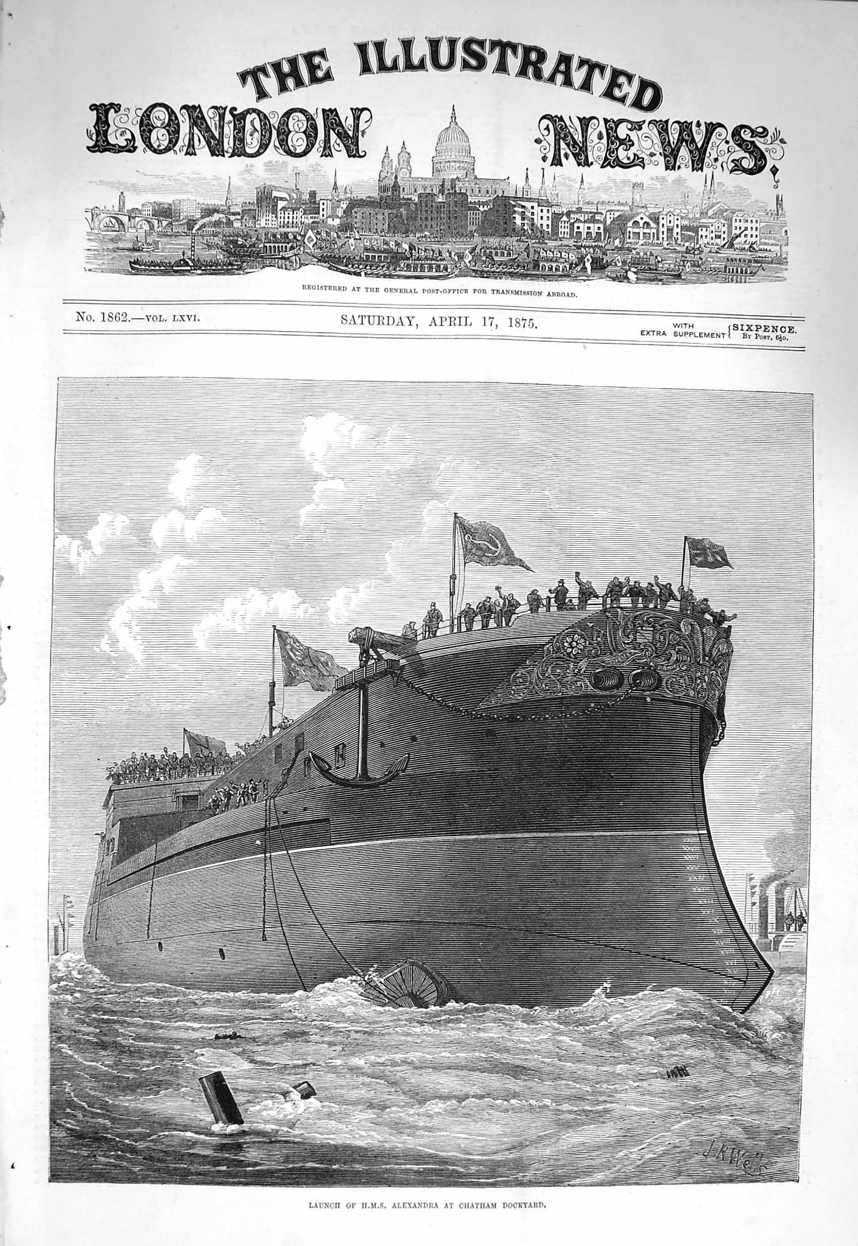 Original Old Antique Print 1875 Launch Ship H.M.S. Alexandria Chatham Dockyard