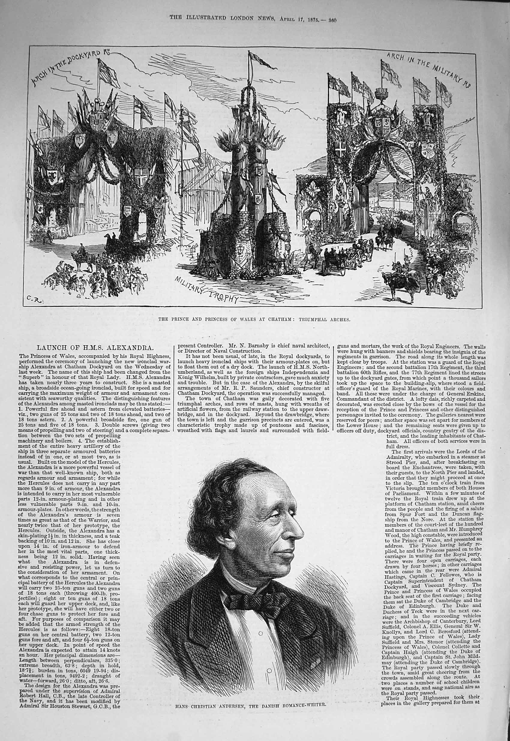 Old Antique Print *3319 1875 Prince Wales Chatham Hans Christian Anderson