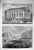 Original Old Antique Print 1875 Townhall Todmorden Fielden Statue Archi 19th