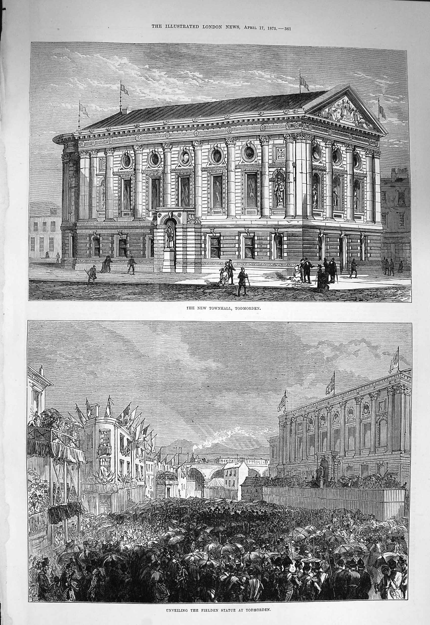 Original Old Antique Print 1875 Townhall Todmorden Fielden Statue Archi 19th