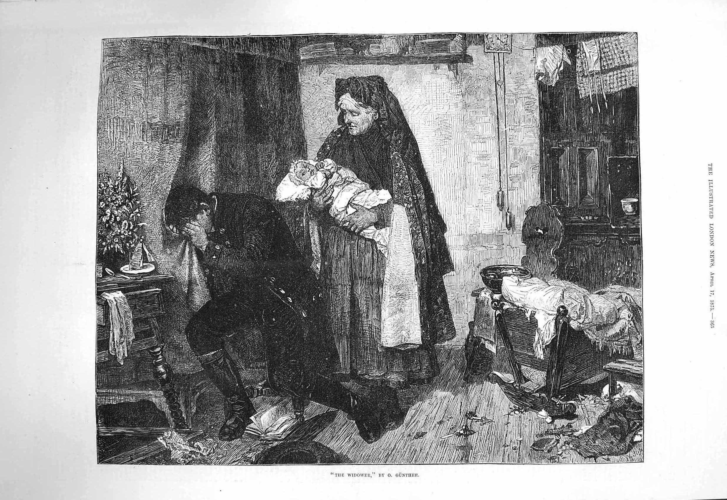 Original Old Antique Print 1875 Family Home Widower Crying Man Baby Lady 19th