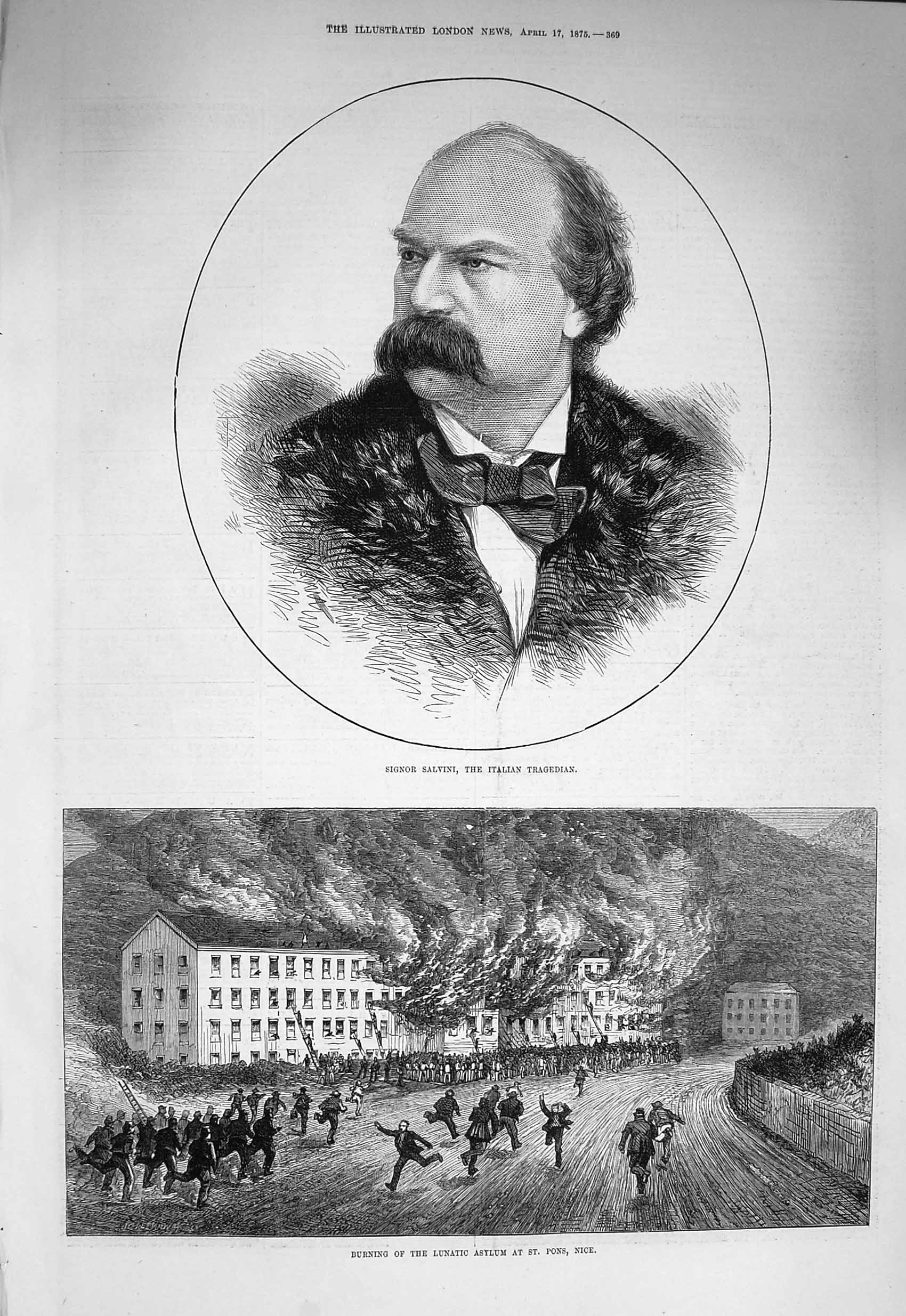 Original Old Antique Print 1875 Signor Salvini Italian Lunatic Asylum Pons Nice