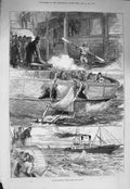 Original Old Antique Print 1875 Captain Boyton English Channel Dover Boulog 19th