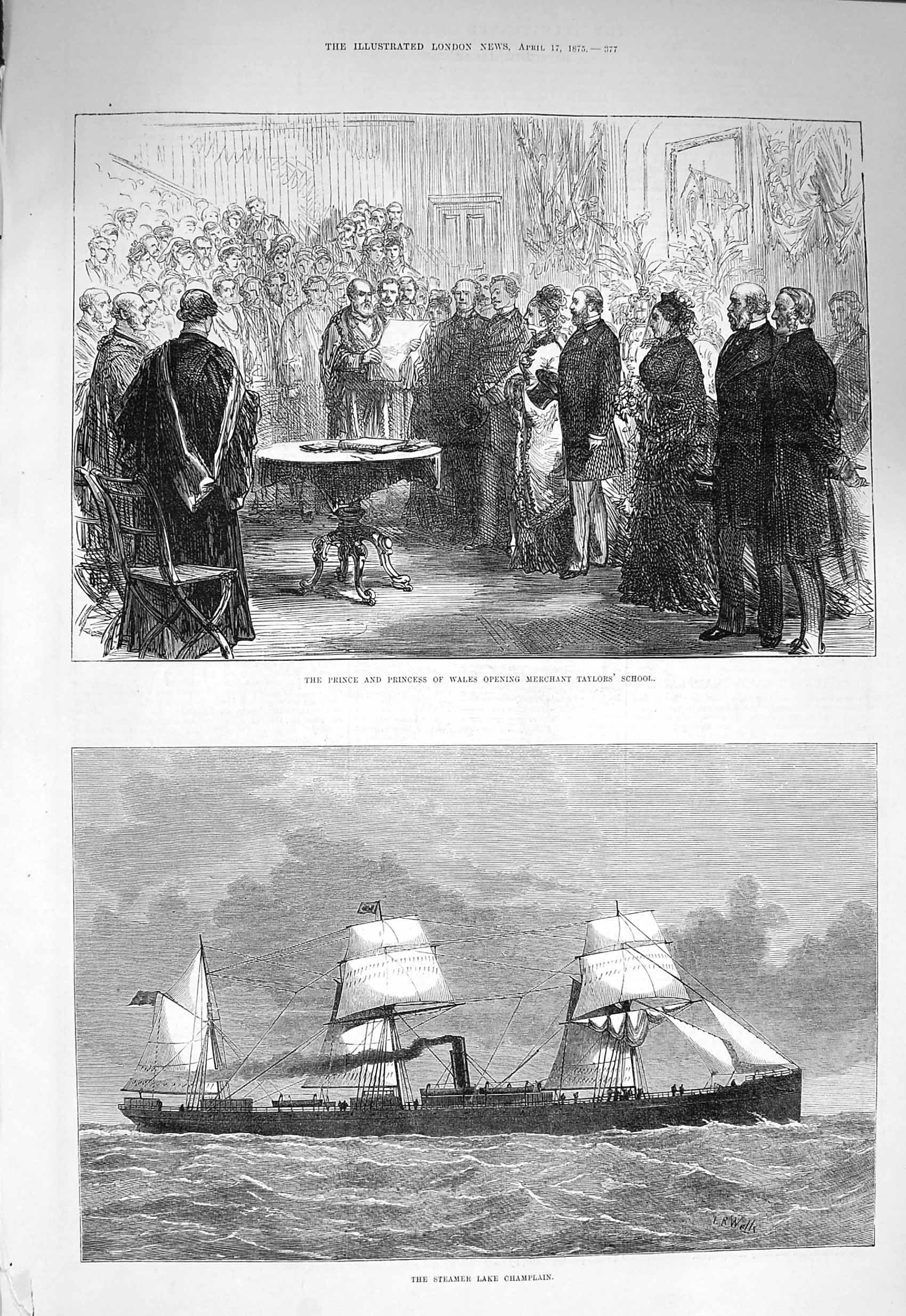 Original Old Antique Print 1875 Prince Wales Merchant Taylors Steamer Champlain