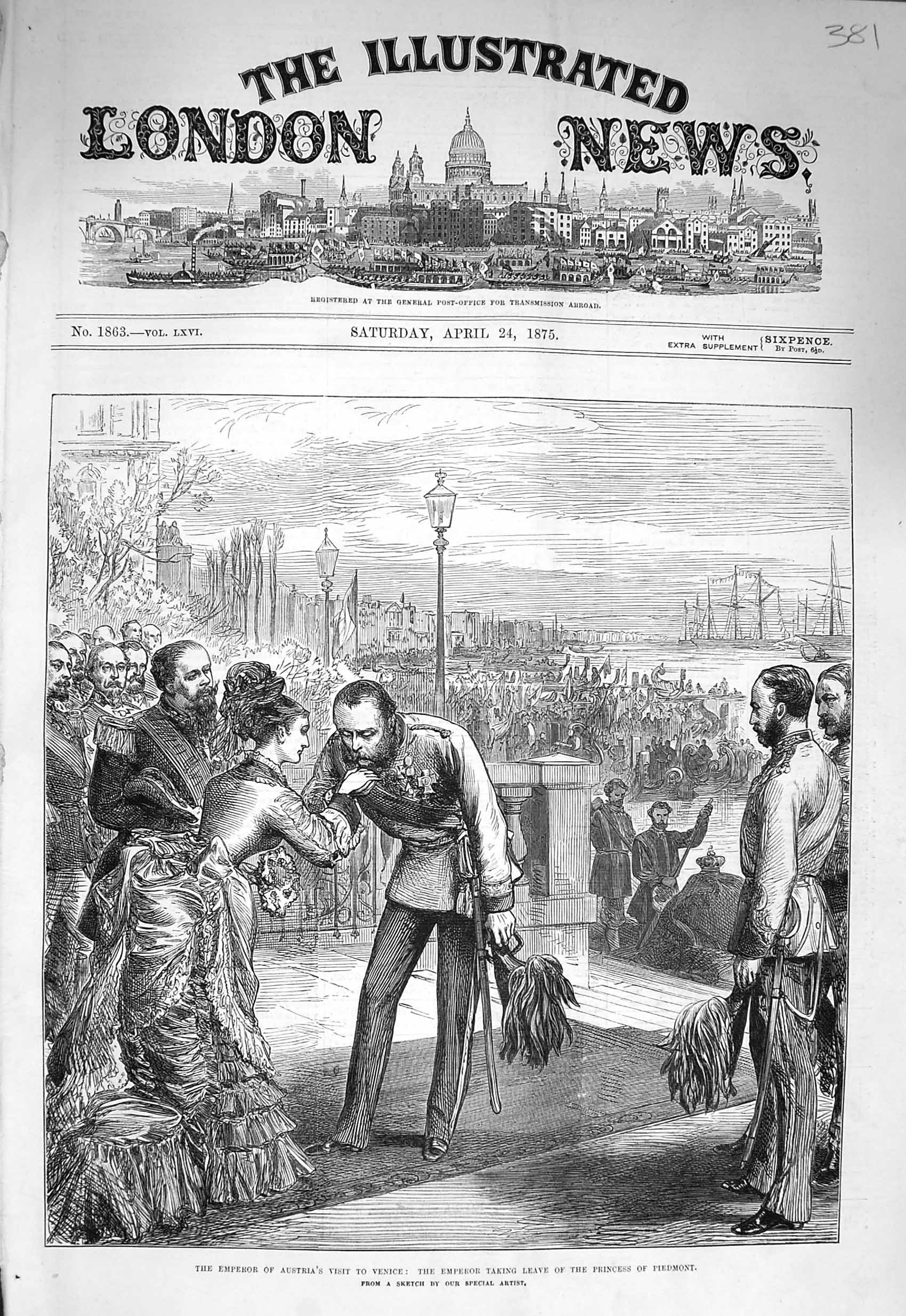 Antique Old Print *3318 1875 Emperor Austria Venice Princess Piedmont Ships
