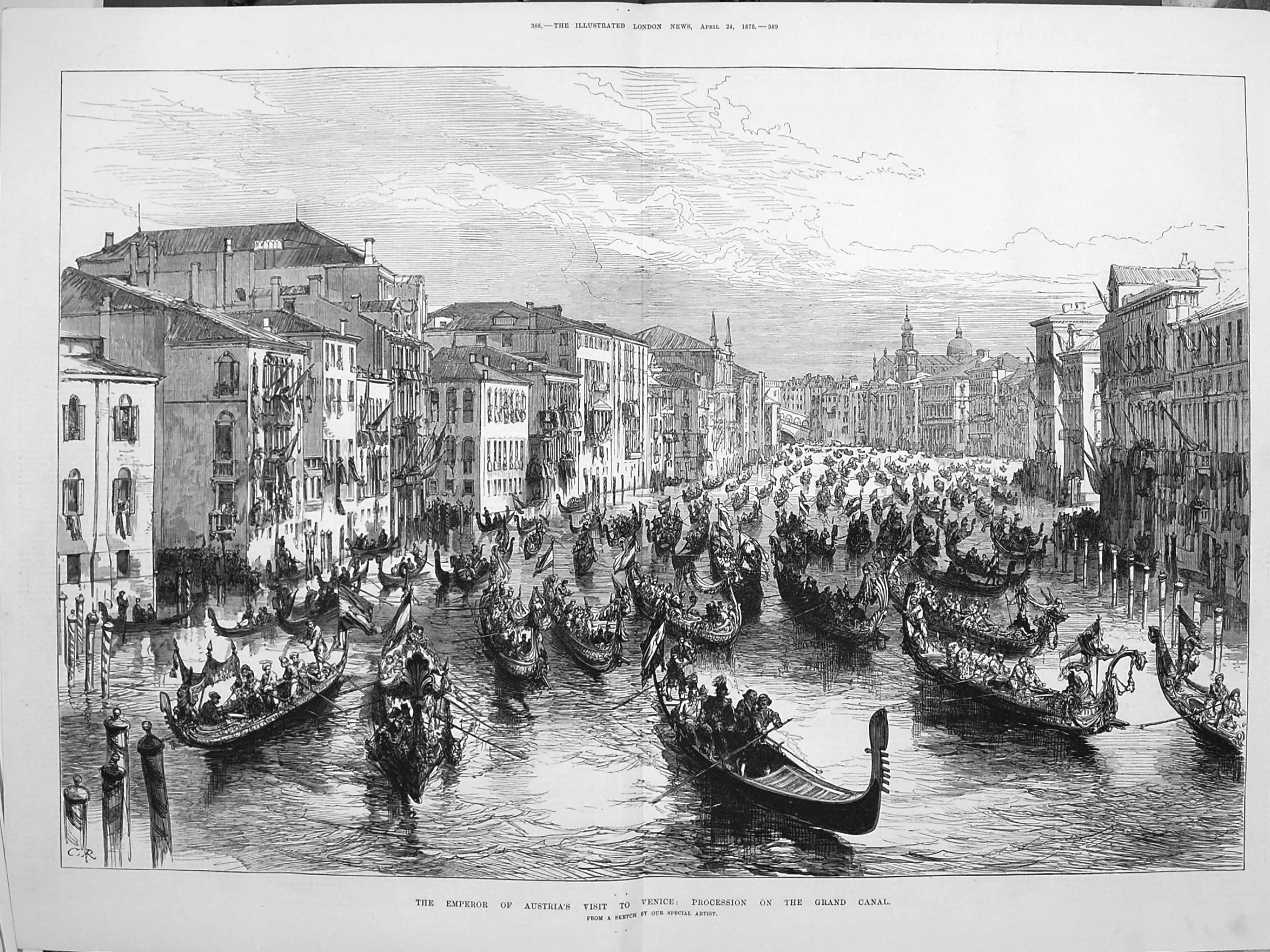 Original Old Antique Print 1875 Emperor Austria Venice Procession Grand Canal