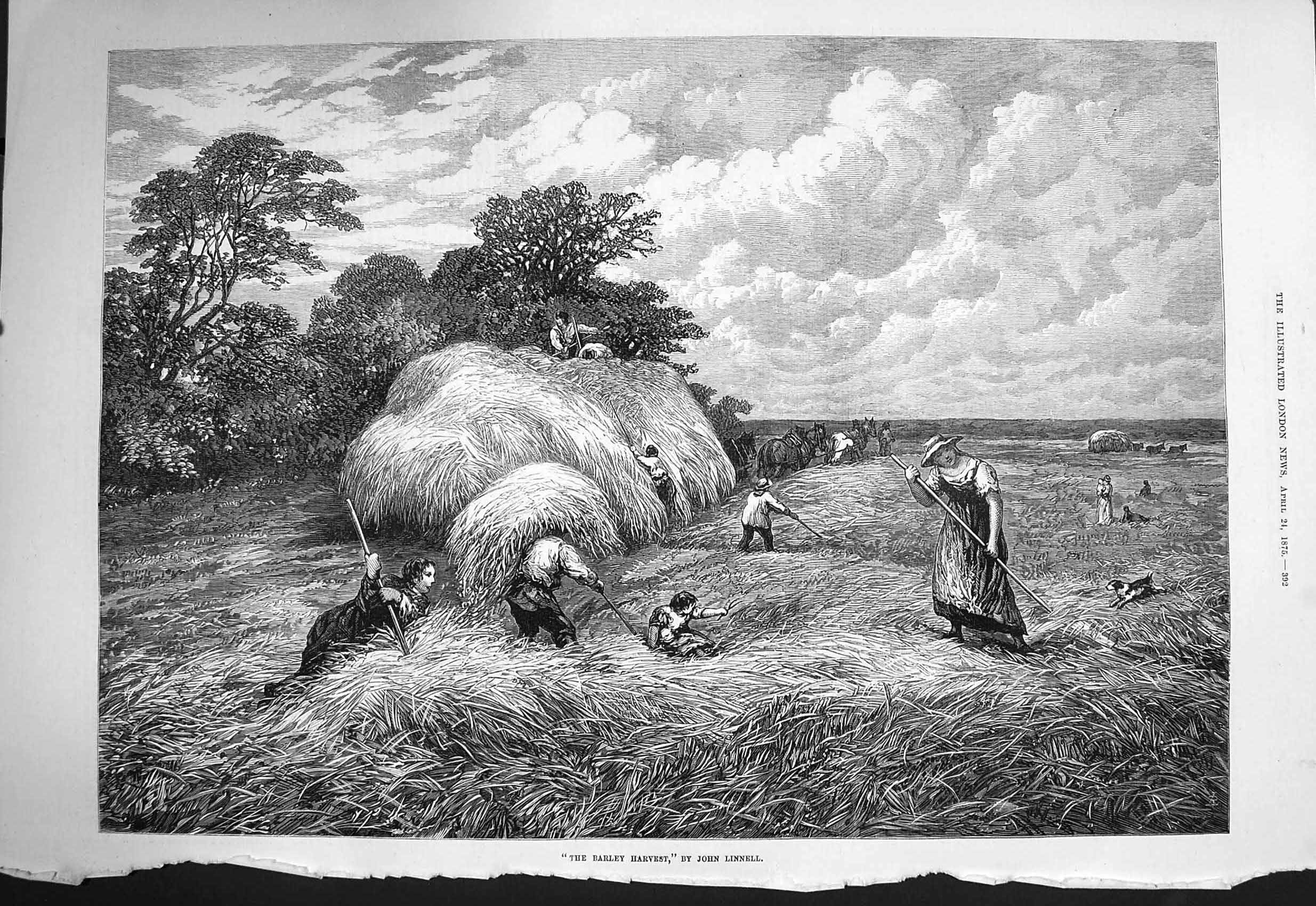 Original Old Antique Print 1875 Barley Harvest Hay-Making Agriculture Farming