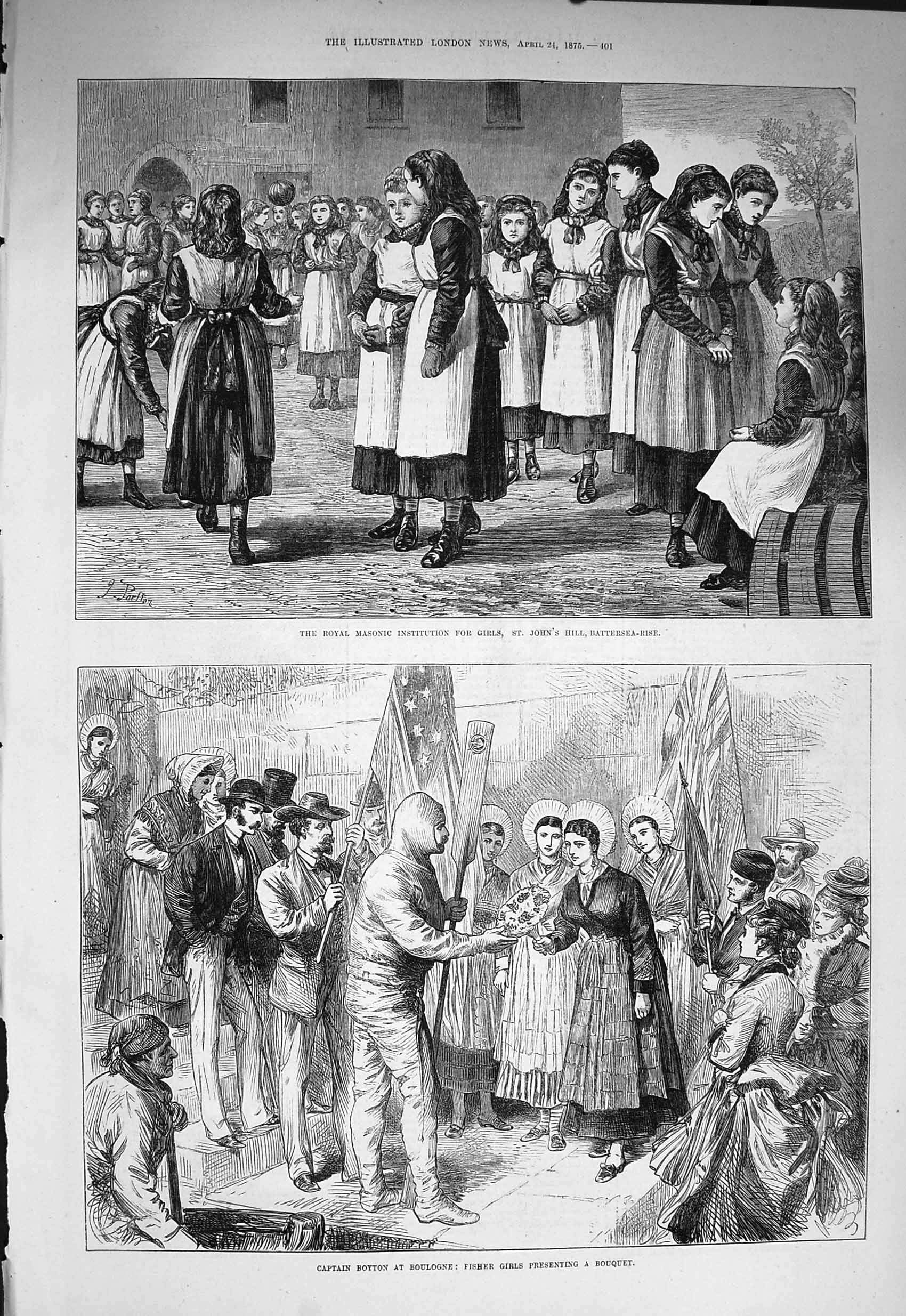 Old Antique Print 1875 Masonic Institute Girls Battersea Captain Boyton 19th
