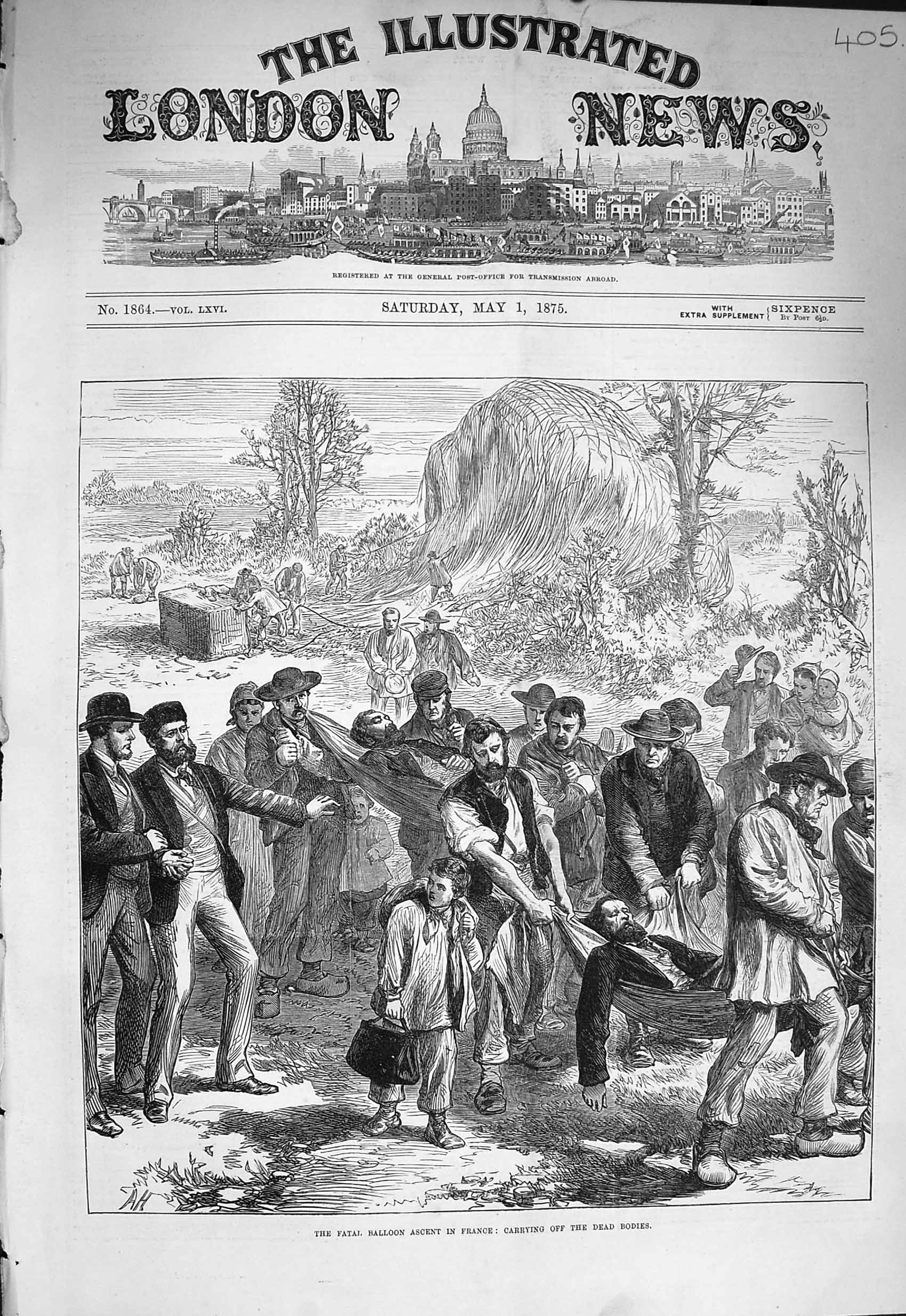 Original Old Antique Print 1875 Fatal Balloon Crash France Carrying Dead Bodies