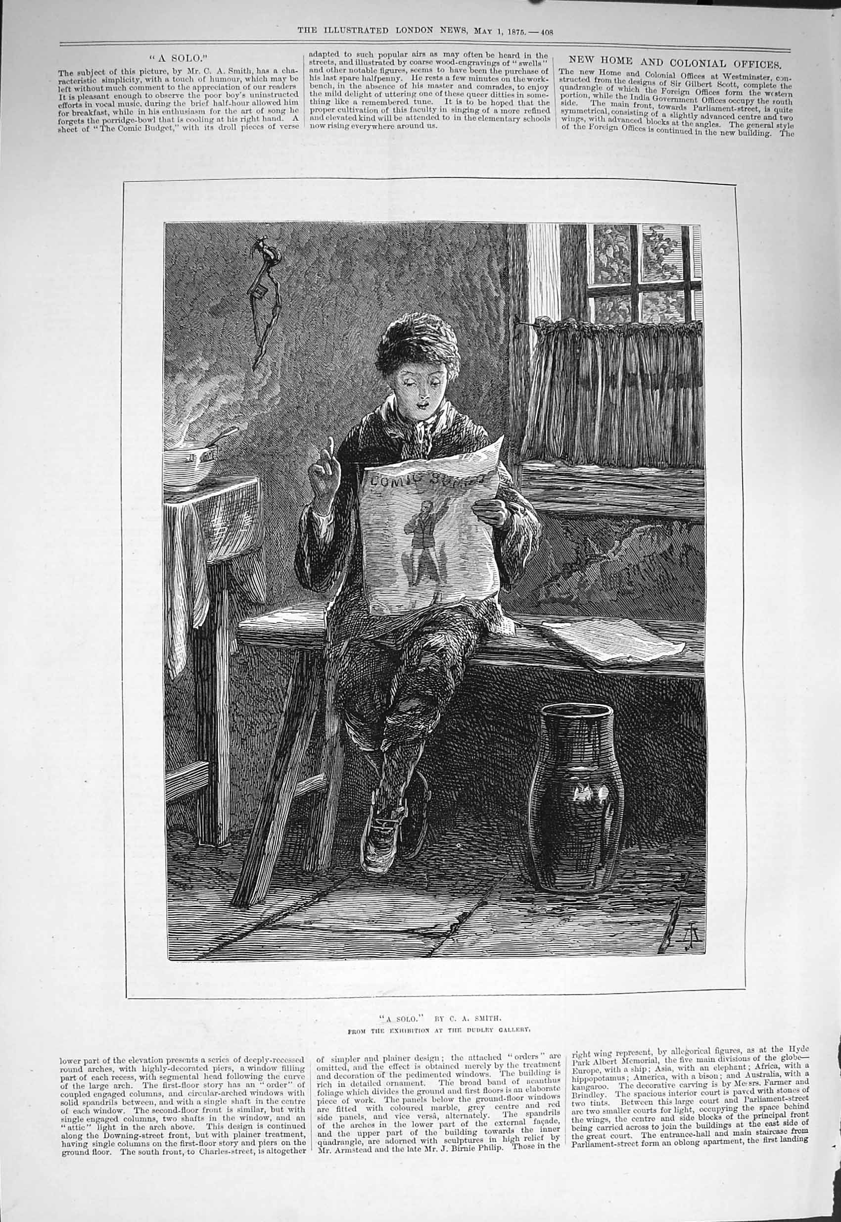 Original Old Antique Print 1875 Solo Young Boy Singing Comic Budget Smith 19th