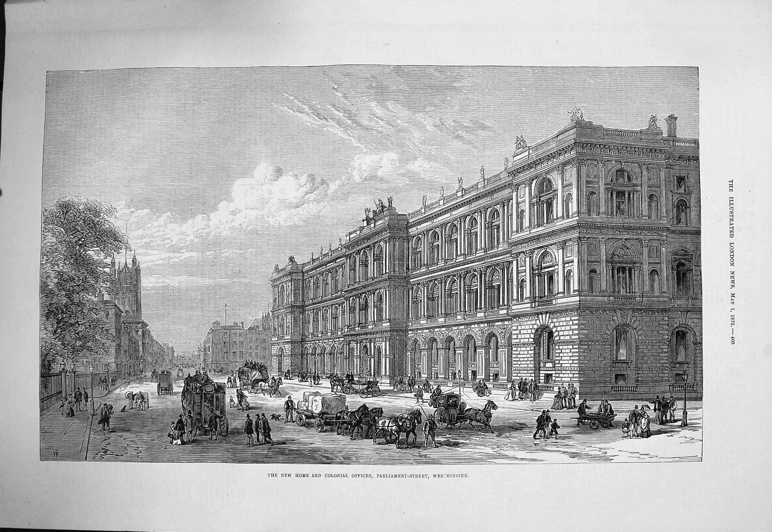 Original Old Antique Print 1875 Home Colonial Offices Parliament Westminster